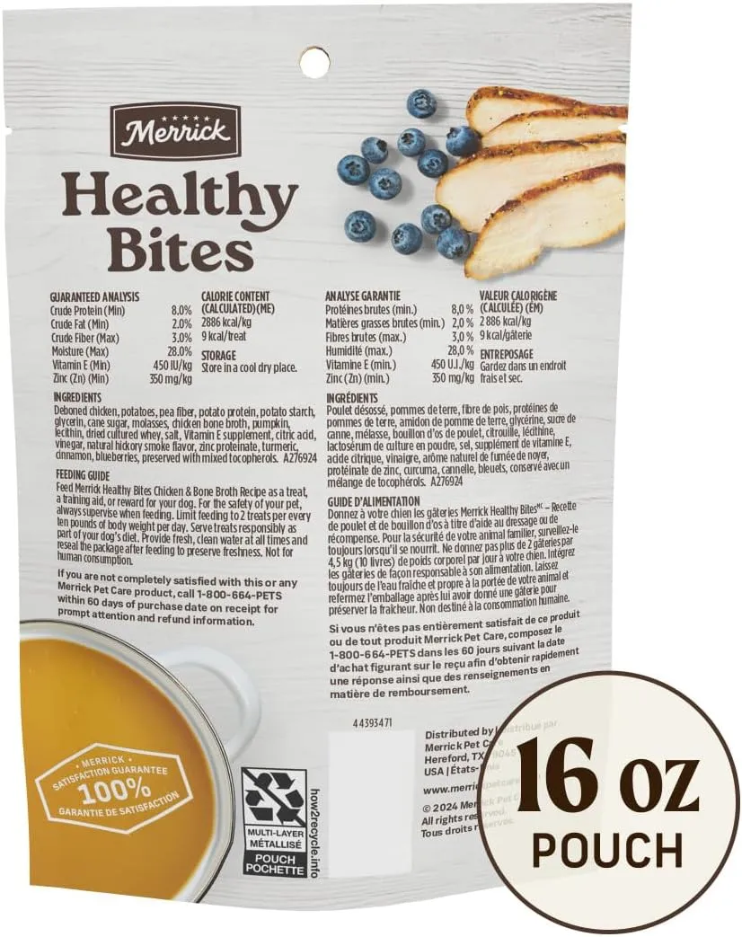 Merrick Healthy Bites Grain Free Dog Treats, Soft Treats with Bone Broth for Dogs, Chicken and Bone Broth Recipe - 16 oz. Pouch