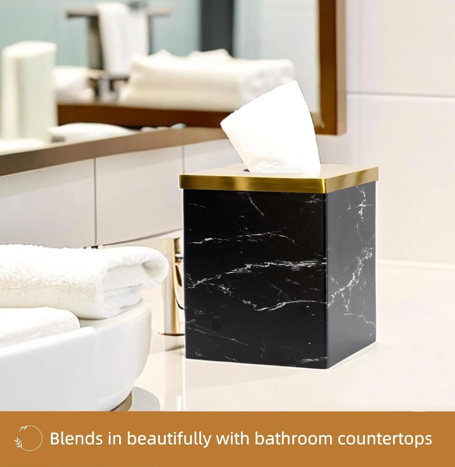 Metal Facial Tissue Box Cover Holder and Dispenser.Decorative Tissue Box Covers Cube Dresser Accessories for Bathroom Livingroom Kitchen Office Desk.Black Marble Pattern Home Gifts