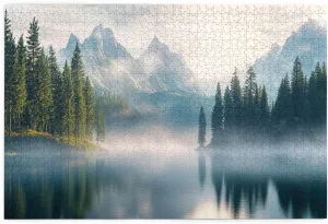 misty mountain lake with pine forests 1000 pieces of adult wooden puzzle,nature artistic wooden jigsaw,gift for nature lovers & collectors,ideal for relaxation and family fun