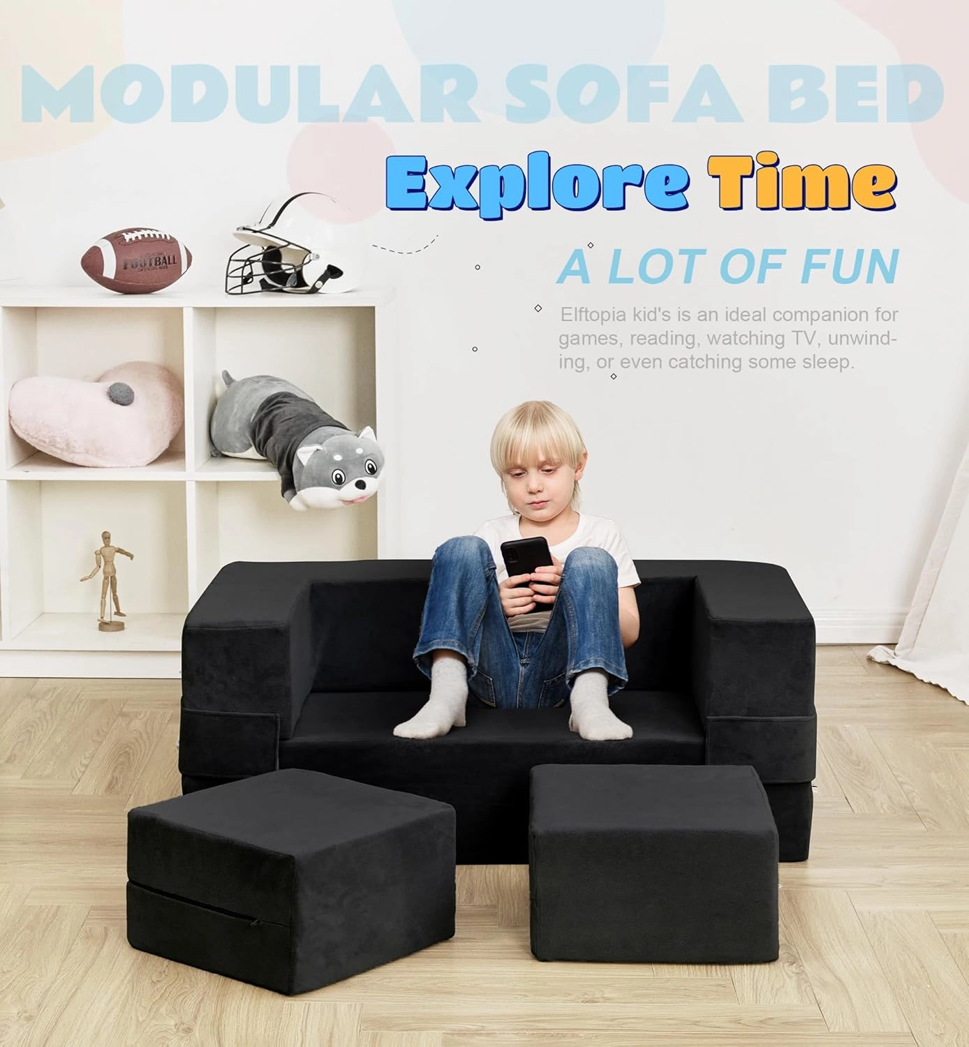 Modular Kids Sofa,Toddler Couch Foam Armchair for Kids, Children Convertible Plush Sofa Play Set,Fold Out Sofa Bed(Black)