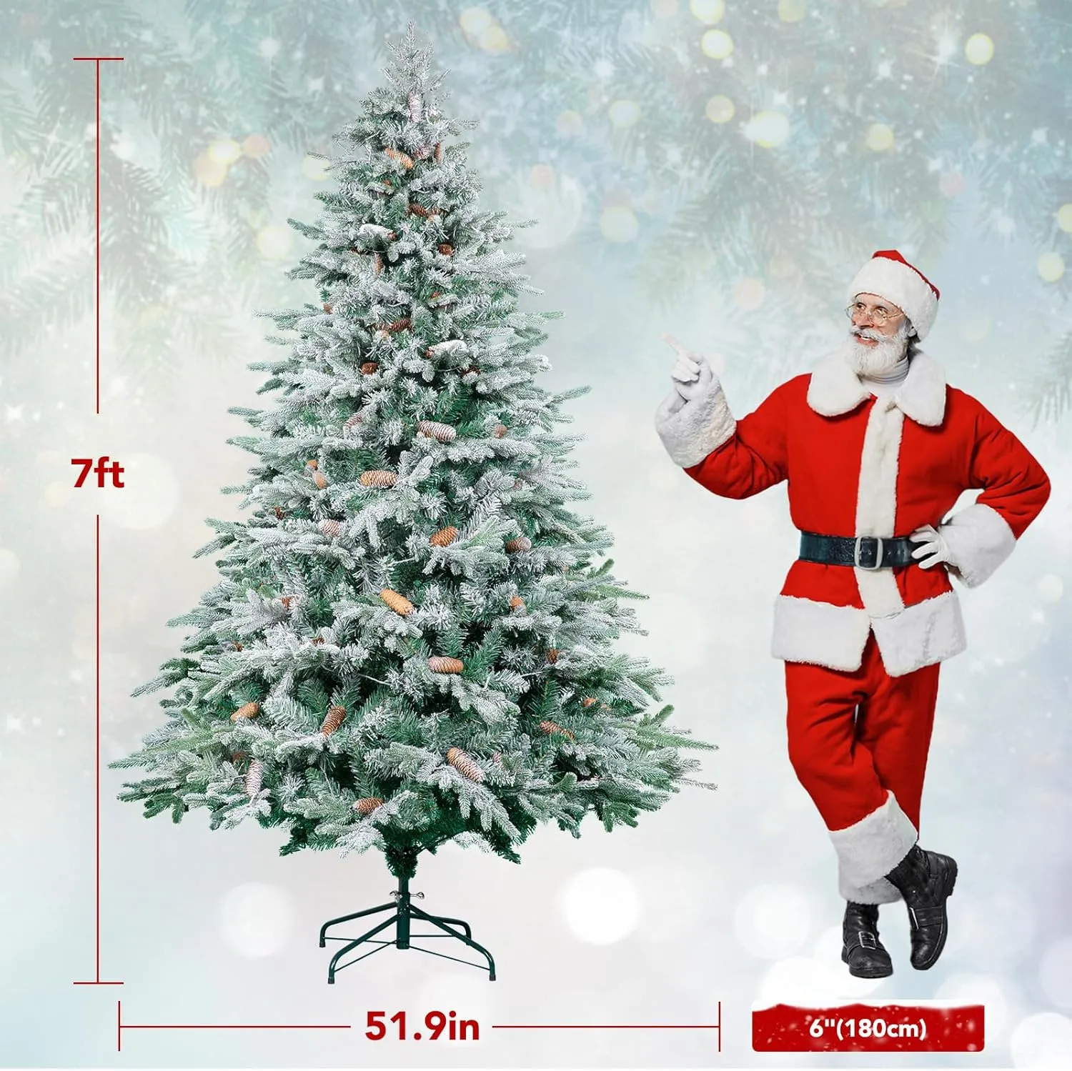 NALONE 7FT Pre-Lit Snow Christmas Tree with Remote Control and Timer, Snow Flocked Artificial Full Fir Christmas Tree with 1312 Tips, 400 Lights, 9 Lighting Modes(Arctic Fir Tree, 7 FT)
