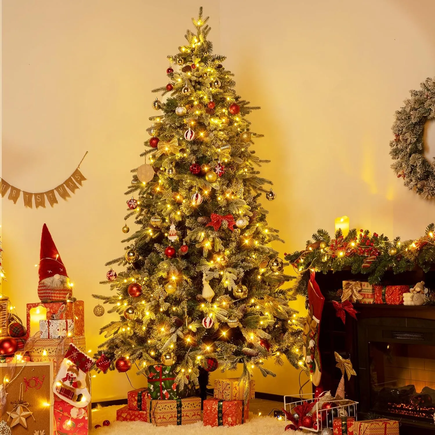NALONE 7FT Pre-Lit Snow Christmas Tree with Remote Control and Timer, Snow Flocked Artificial Full Fir Christmas Tree with 1312 Tips, 400 Lights, 9 Lighting Modes(Arctic Fir Tree, 7 FT)