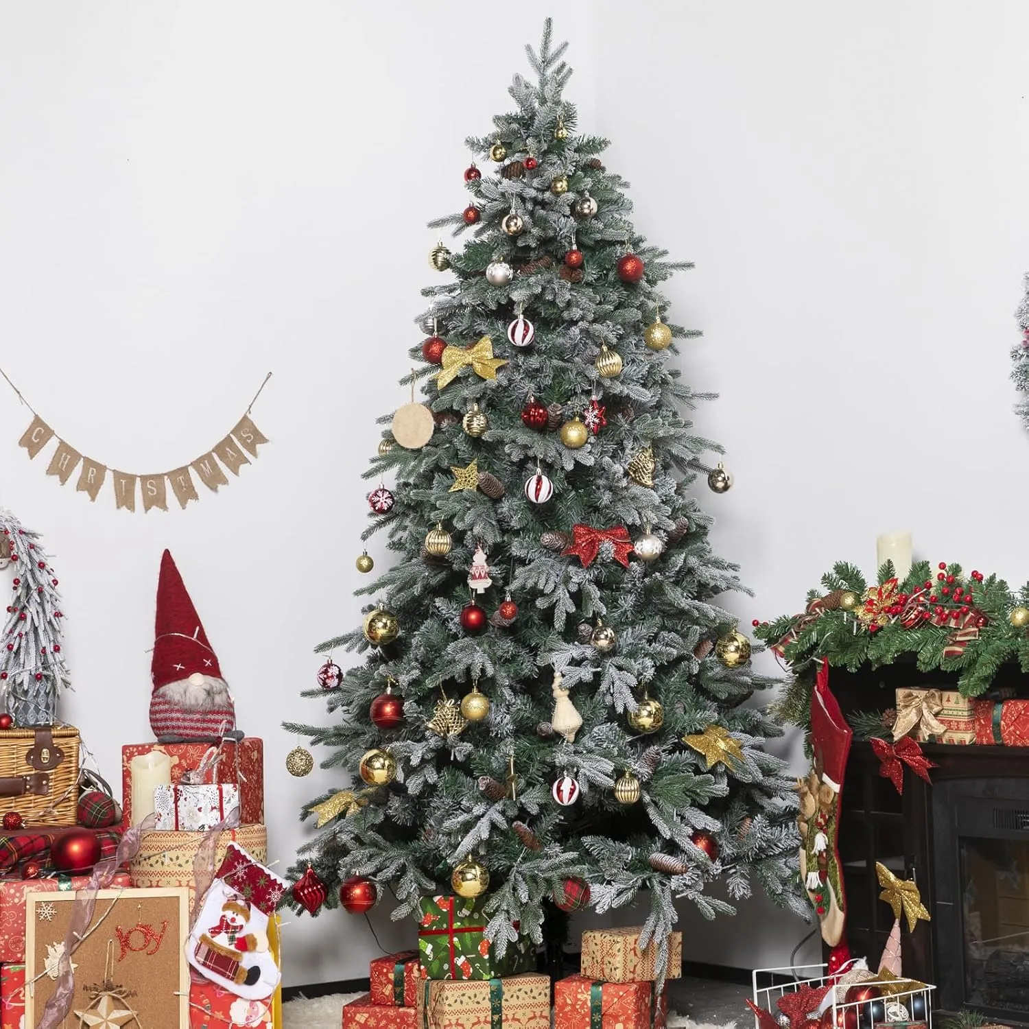 NALONE 7FT Pre-Lit Snow Christmas Tree with Remote Control and Timer, Snow Flocked Artificial Full Fir Christmas Tree with 1312 Tips, 400 Lights, 9 Lighting Modes(Arctic Fir Tree, 7 FT)