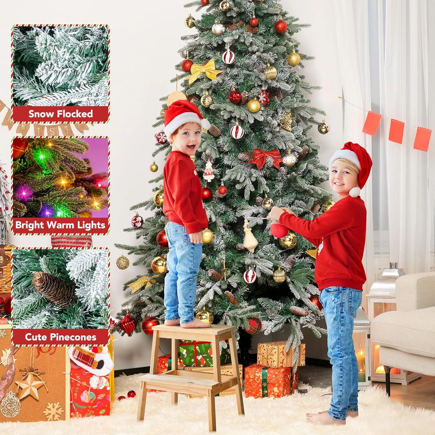 NALONE 7FT Pre-Lit Snow Christmas Tree with Remote Control and Timer, Snow Flocked Artificial Full Fir Christmas Tree with 1312 Tips, 400 Lights, 9 Lighting Modes(Arctic Fir Tree, 7 FT)