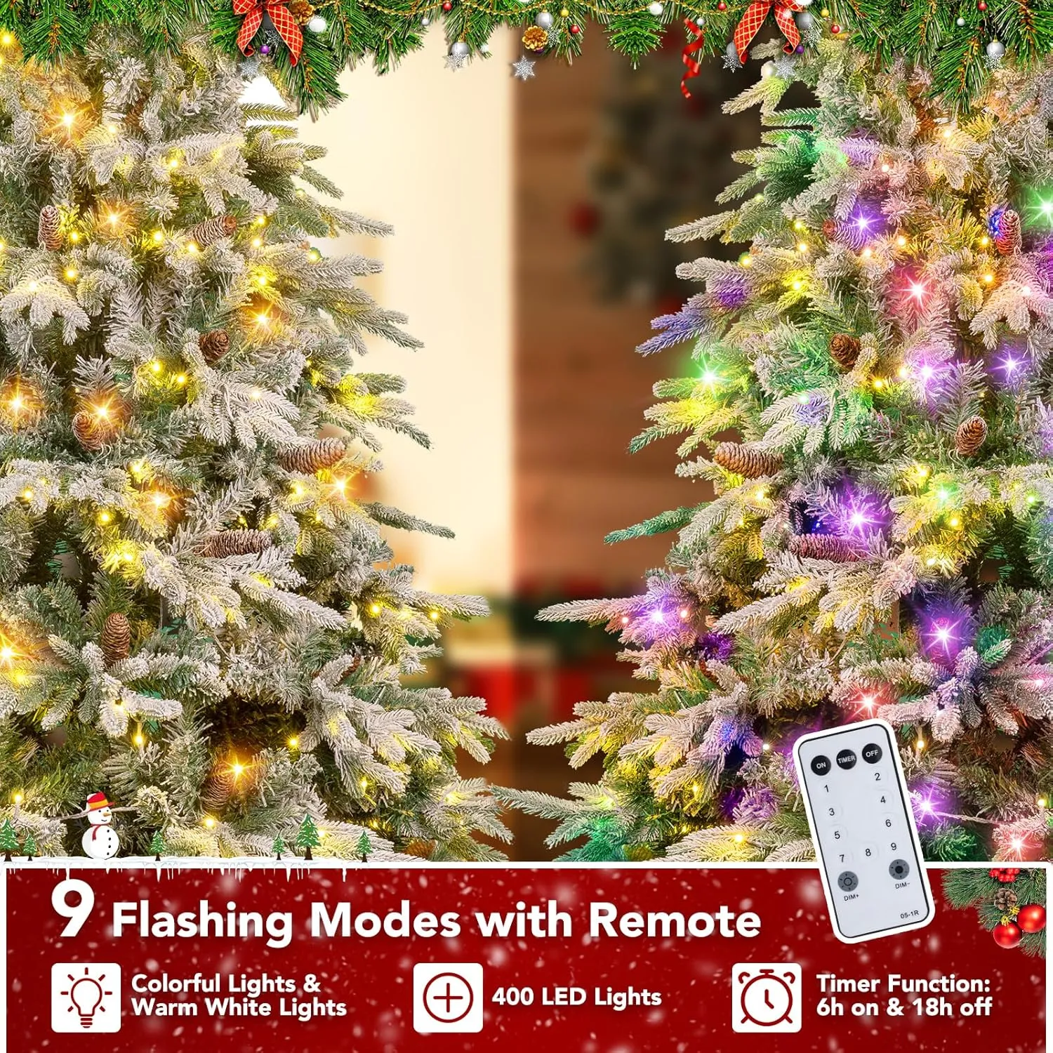 NALONE 7FT Pre-Lit Snow Christmas Tree with Remote Control and Timer, Snow Flocked Artificial Full Fir Christmas Tree with 1312 Tips, 400 Lights, 9 Lighting Modes(Arctic Fir Tree, 7 FT)