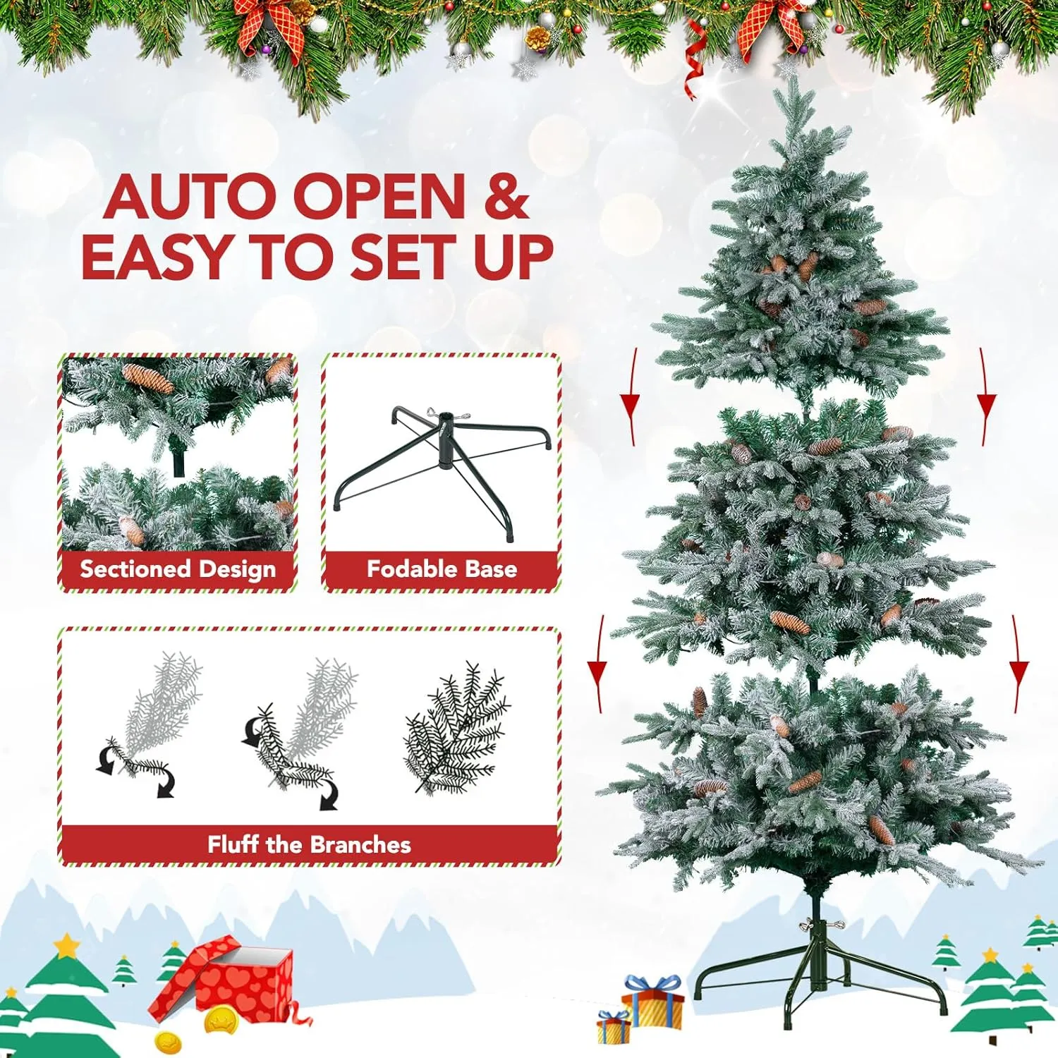 NALONE 7FT Pre-Lit Snow Christmas Tree with Remote Control and Timer, Snow Flocked Artificial Full Fir Christmas Tree with 1312 Tips, 400 Lights, 9 Lighting Modes(Arctic Fir Tree, 7 FT)