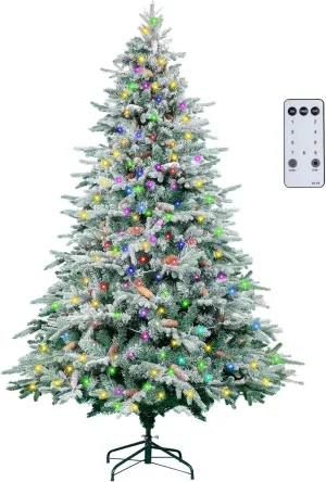 NALONE 7FT Pre-Lit Snow Christmas Tree with Remote Control and Timer, Snow Flocked Artificial Full Fir Christmas Tree with 1312 Tips, 400 Lights, 9 Lighting Modes(Arctic Fir Tree, 7 FT)