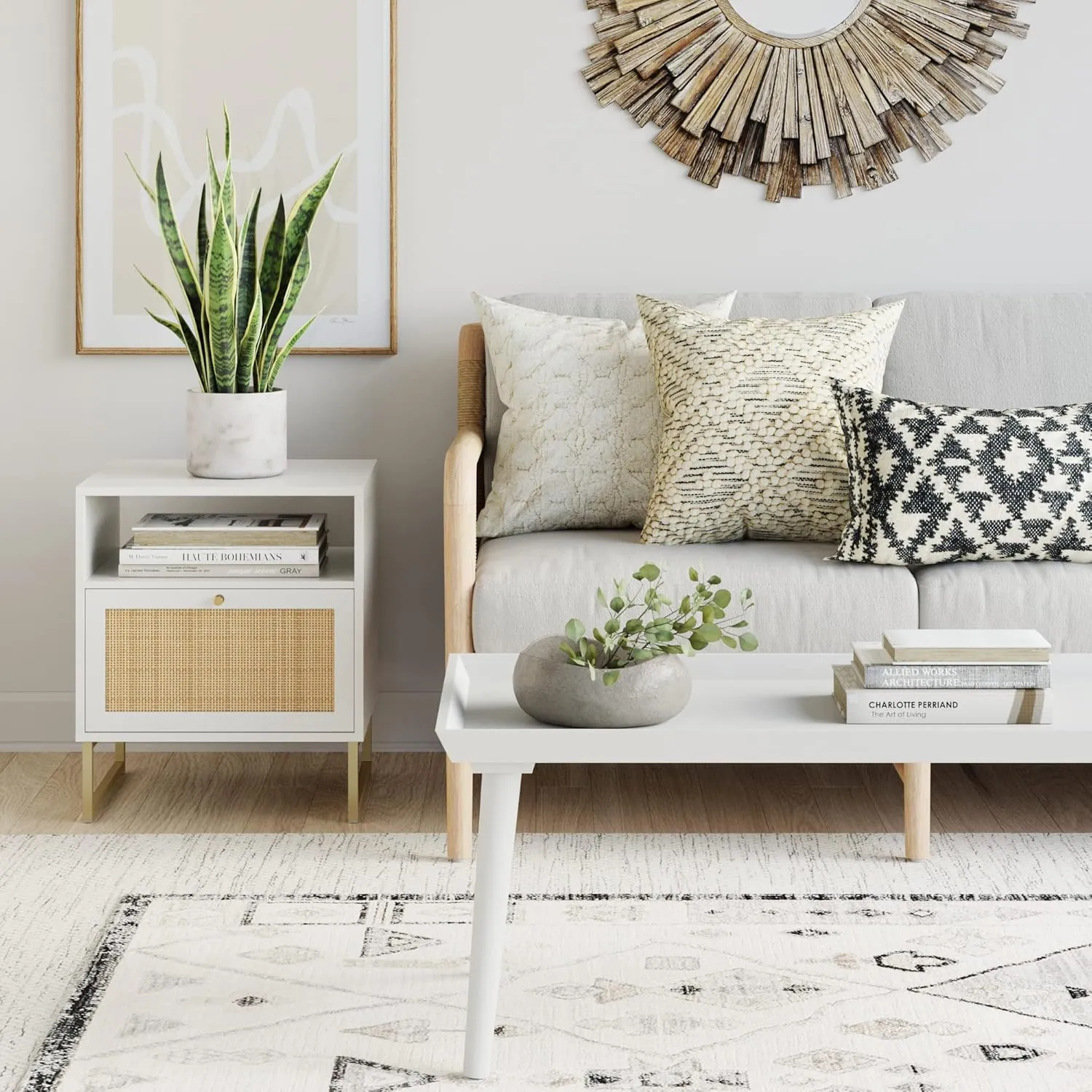 Nathan James Mina Rattan Wood End Side Accent Table Nightstand with Storage for Living Room or Bedroom, 1, White/Gold