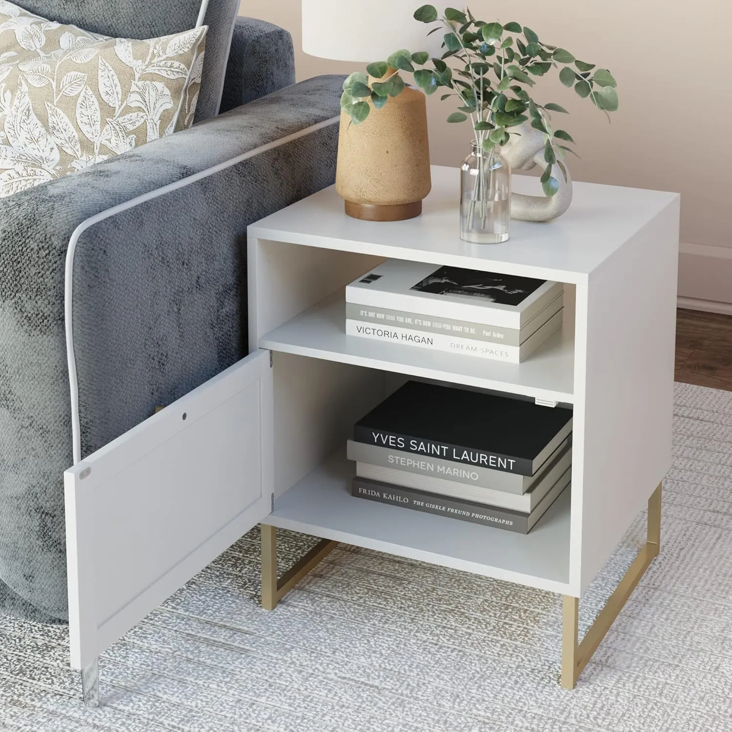 Nathan James Mina Rattan Wood End Side Accent Table Nightstand with Storage for Living Room or Bedroom, 1, White/Gold