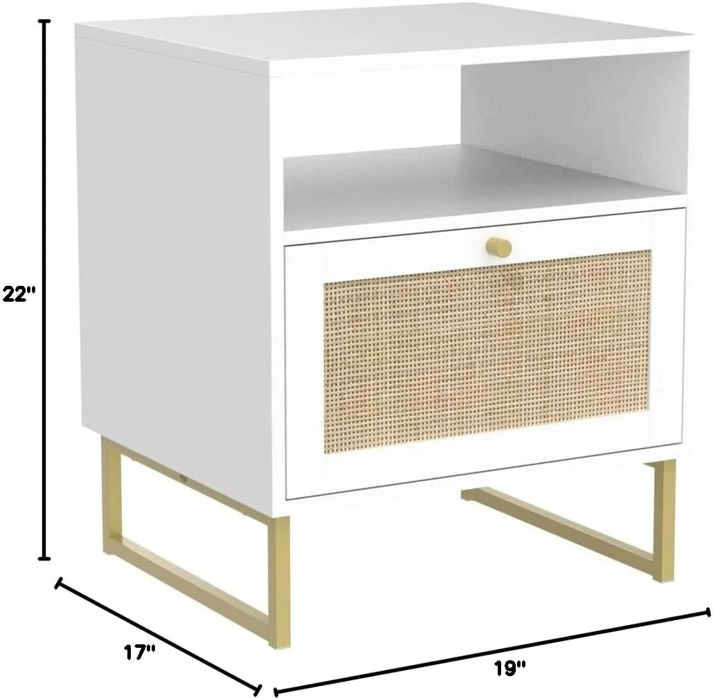 Nathan James Mina Rattan Wood End Side Accent Table Nightstand with Storage for Living Room or Bedroom, 1, White/Gold