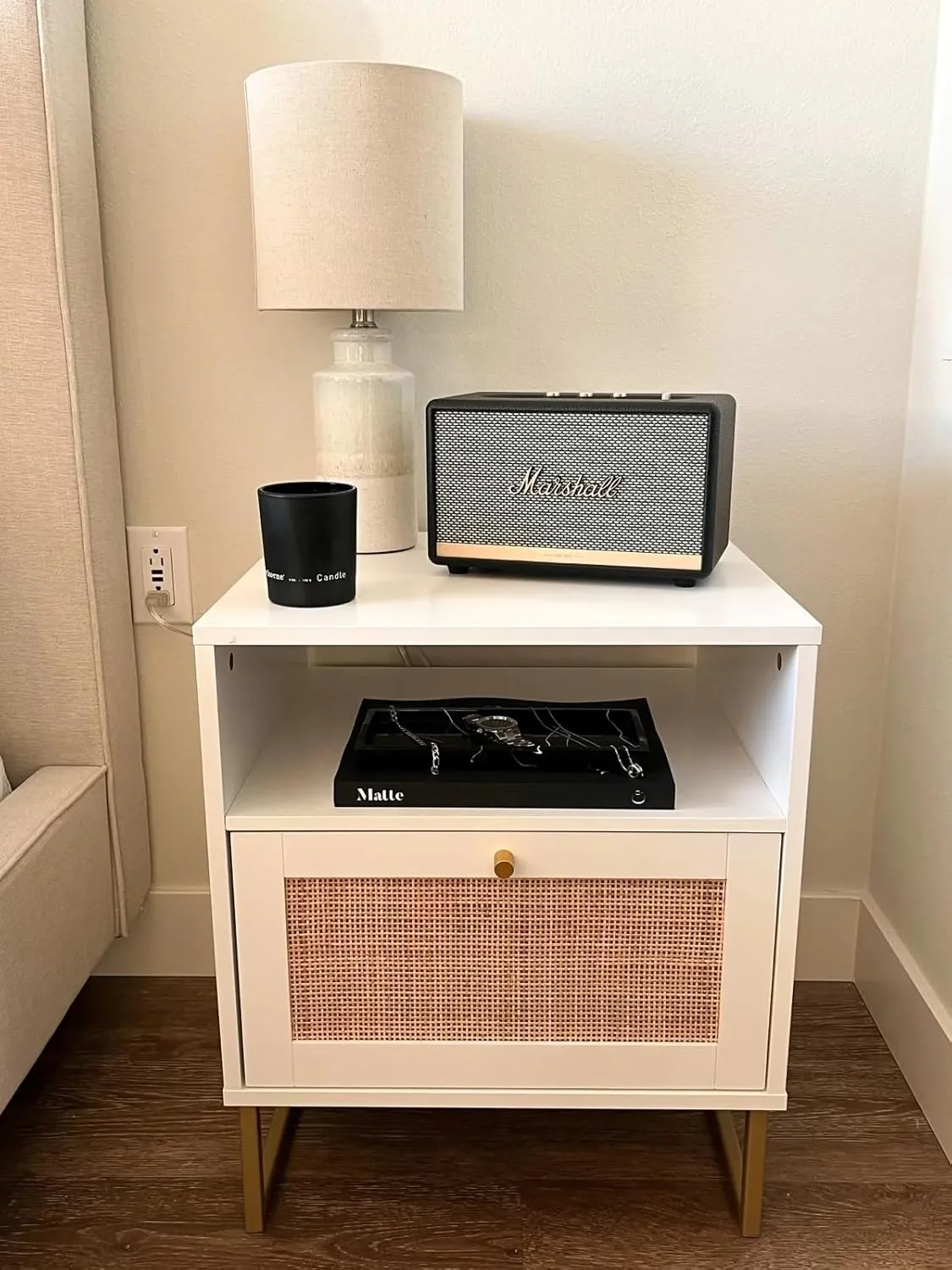 Nathan James Mina Rattan Wood End Side Accent Table Nightstand with Storage for Living Room or Bedroom, 1, White/Gold
