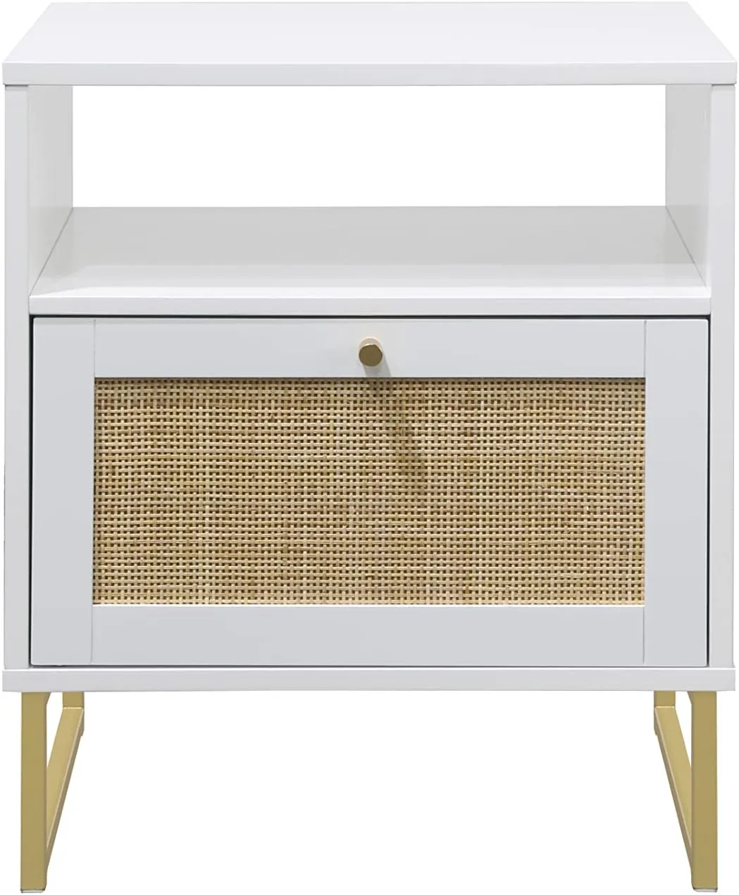 Nathan James Mina Rattan Wood End Side Accent Table Nightstand with Storage for Living Room or Bedroom, 1, White/Gold