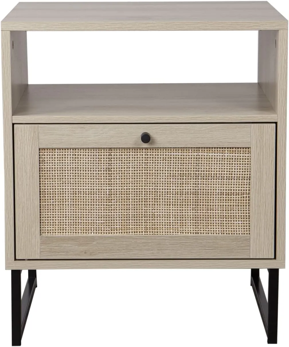 Nathan James Mina Side, End or Accent Table in a Natural Oak Wood Finish & Matte Black Accents with Storage for Living Room or Nightstand for Bedroom, Oak/Black, Set of 2