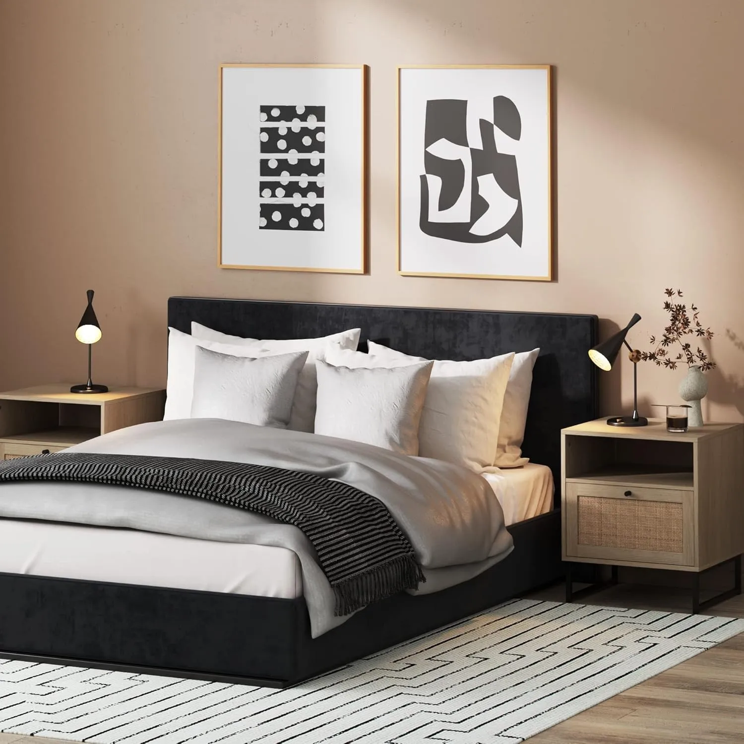 Nathan James Mina Side, End or Accent Table in a Natural Oak Wood Finish & Matte Black Accents with Storage for Living Room or Nightstand for Bedroom, Oak/Black, Set of 2