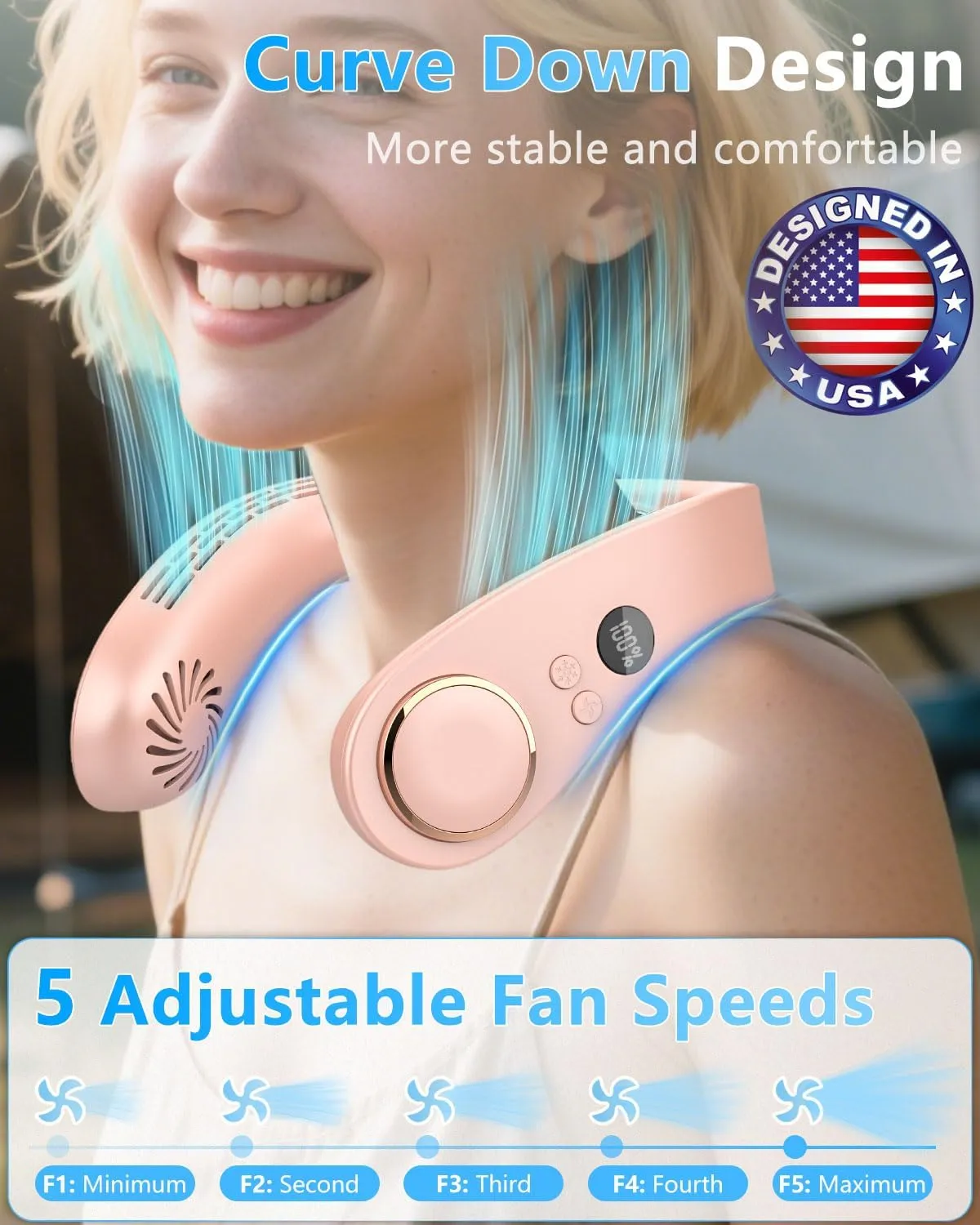 Neck AC Air Conditioner,Neck Fan Rechargeable Battery Operated Neck Cooler,Bladless Power Light Weight Noiseless Mobile Shoulder Headband Cooling Face Fan for Travel,Camping,Outdoor,Sports Pink