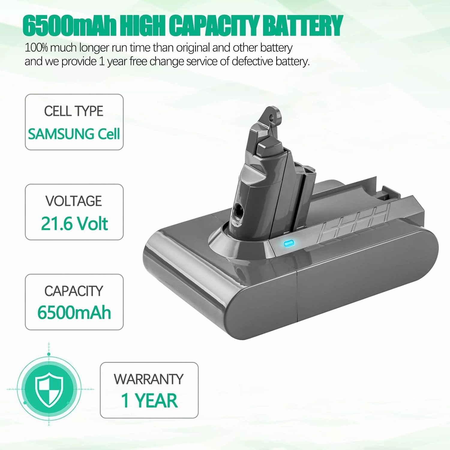 New Upgraded 6500mAh V6 Battery Replacement Compatible for Dyson V6 Animal/Absolute/Motorhead/Fluffy SV03 SV04 SV05 SV06 SV07 SV09 DC58 DC59 DC61 DC62 DC72 DC74 6 Cell VTC4 Vacuum Battery