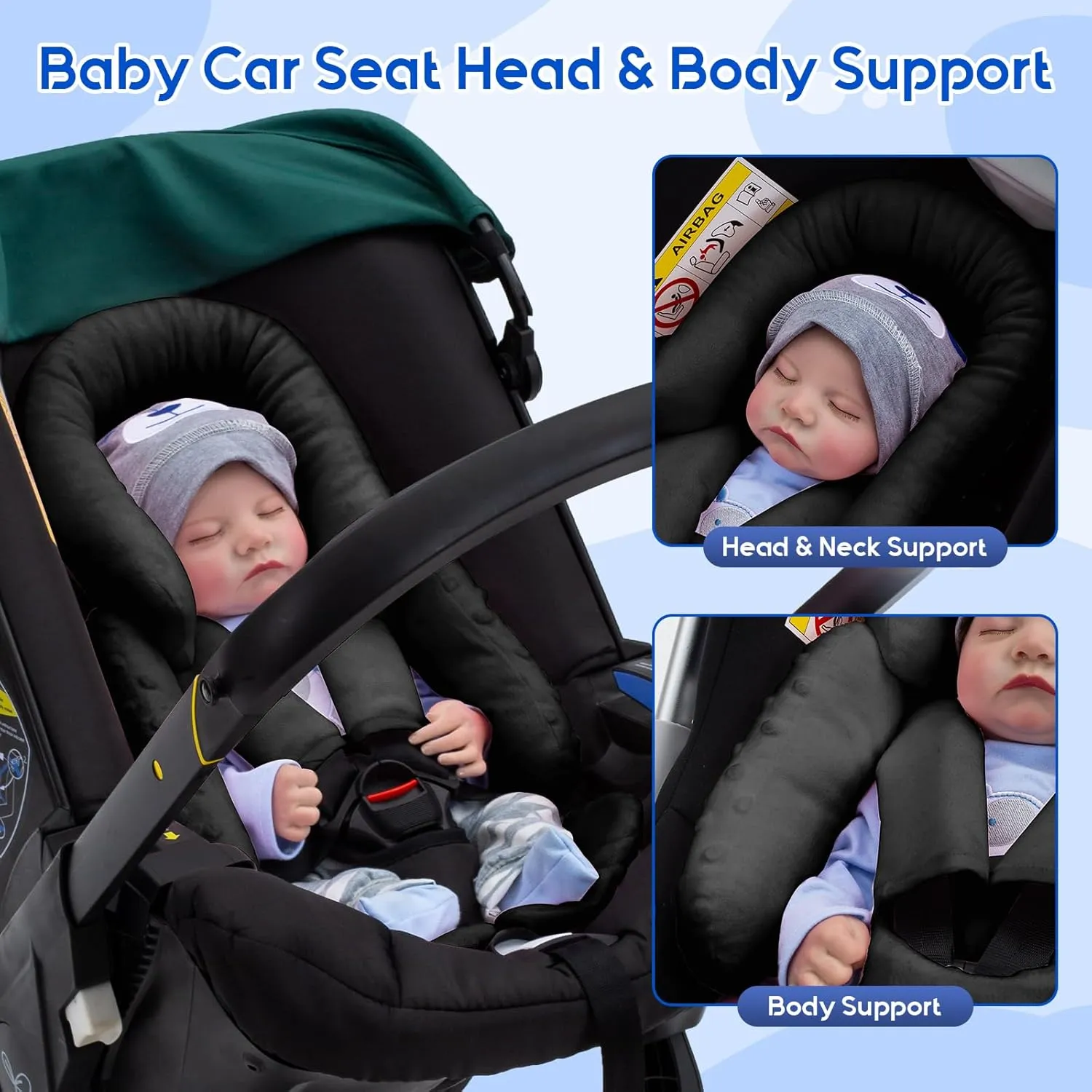 Newborn Car Seat Head Support with 3 Strap Covers, 2-in-1 Reversible Infant Car Seat Insert, Thickened Car Seat Cushion for Baby, Carseat Head Support for Preemie to Infant, Stroller Cushion for Swing