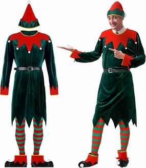 Newcotte Christmas Men Elf Costume Set - Adult Elf Costume Suit, Hat, Santa Dress, Stocking, Shoe, Belt - Xmas