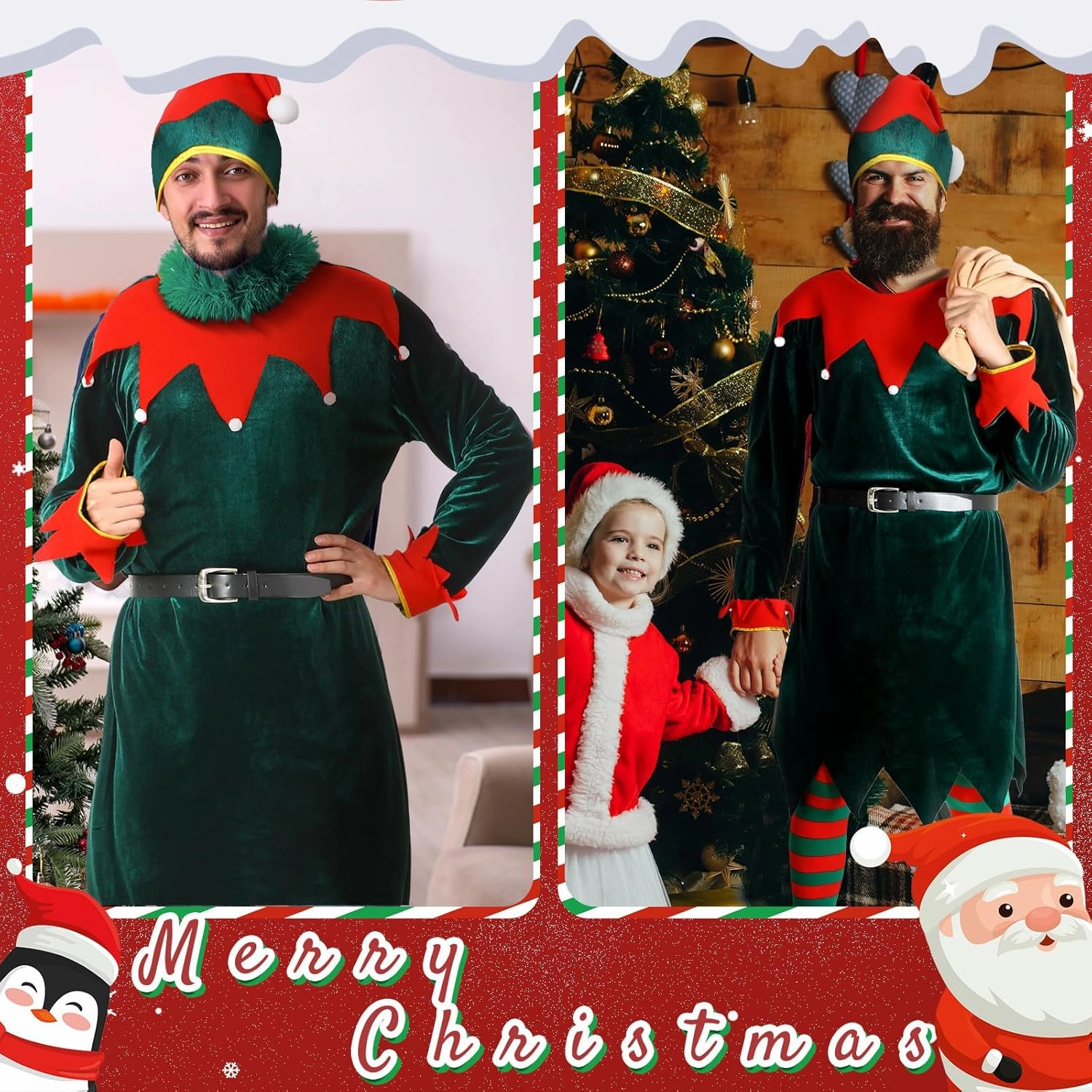 Newcotte Christmas Men Elf Costume Set - Adult Elf Costume Suit, Hat, Santa Dress, Stocking, Shoe, Belt - Xmas