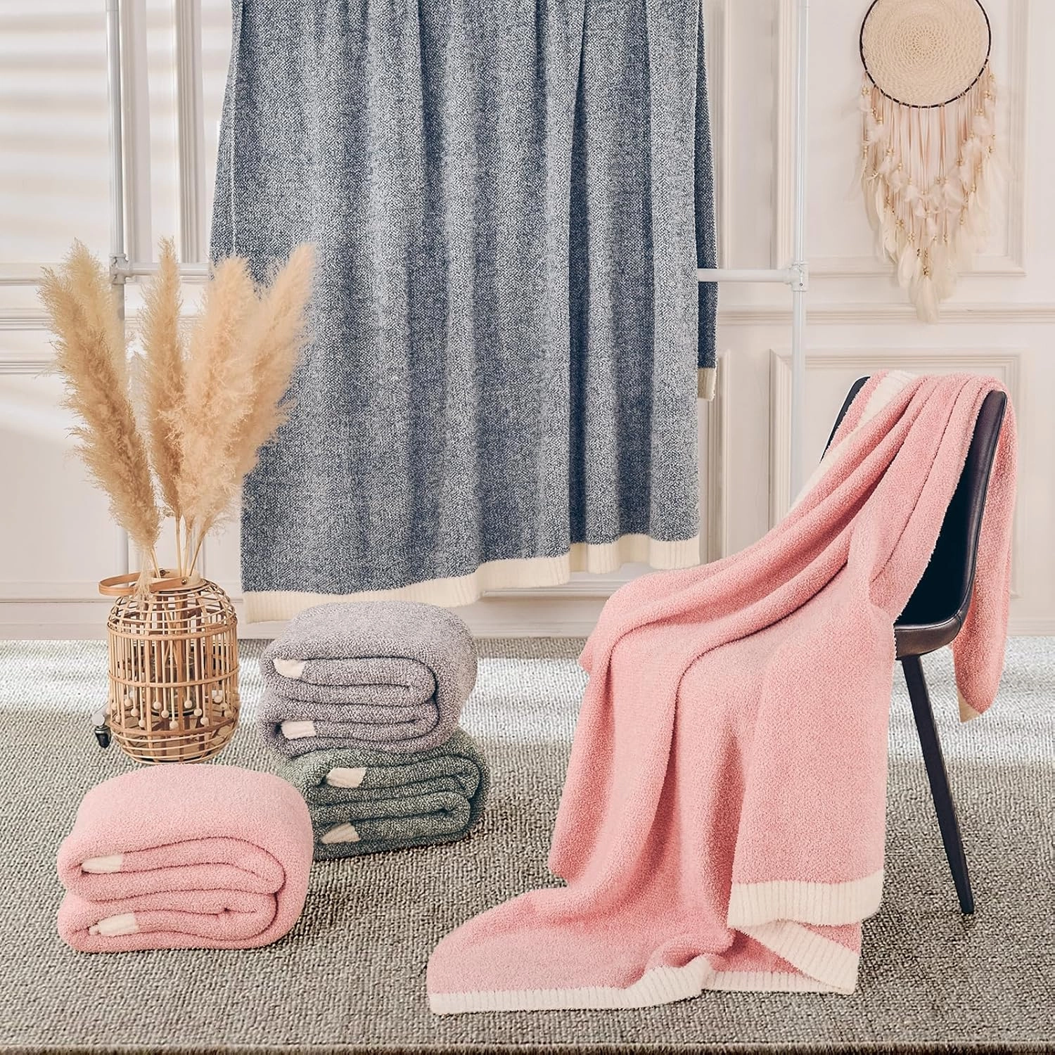 NEXHOME PRO Soft Blankets Pink, Cozy Throw Blanket for Couch, Warm Reversible Knit Blanket for Women, Fuzzy Lightweight Throws for Sofa, Bed, Picnic, Heather Hot Pink, 50 x 60 inches