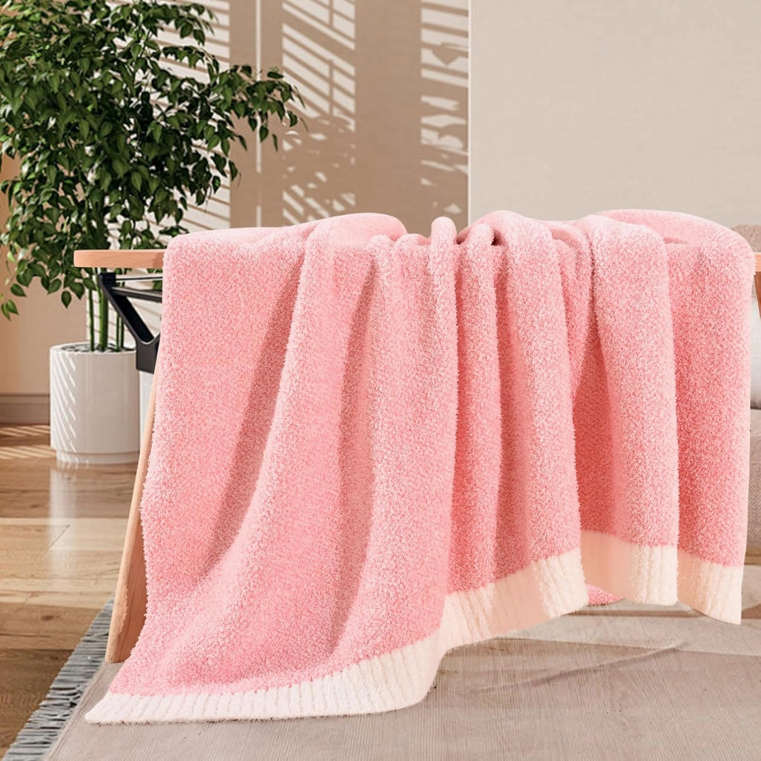 NEXHOME PRO Soft Blankets Pink, Cozy Throw Blanket for Couch, Warm Reversible Knit Blanket for Women, Fuzzy Lightweight Throws for Sofa, Bed, Picnic, Heather Hot Pink, 50 x 60 inches