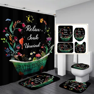 Nkzply 4 Pcs Floral Black Shower Curtain Set Vintage Flowers Bathroom Sets with Shower Curtain and Rugs Rustic Farmhouse Bathroom Decor Country Bathtub Bathroom Rugs Mat Toliet Lid Cover