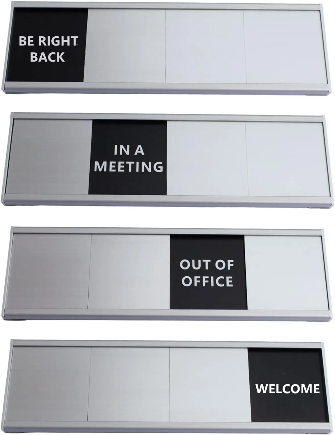 Office Door Sign Solid aluminum sliding 2024Newest, Be right back/Welcome/Out of Office/In a Meeting 4 Options, Privacy Door Sign Sturdy readable (Silver gray)