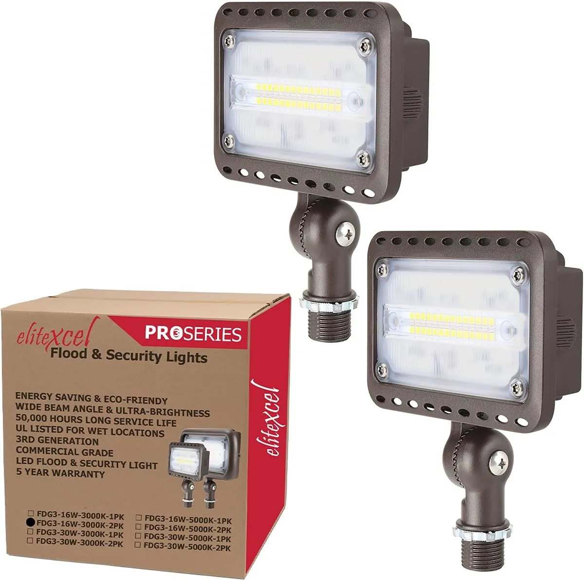 Outdoor LED Landscape Lights - 16W UL Listed, 1500 Lumen Waterproof Walkway Security Lights, 3000K Warm White, 1/2" Knuckle Mount, 120V and 5 Year Warranty
