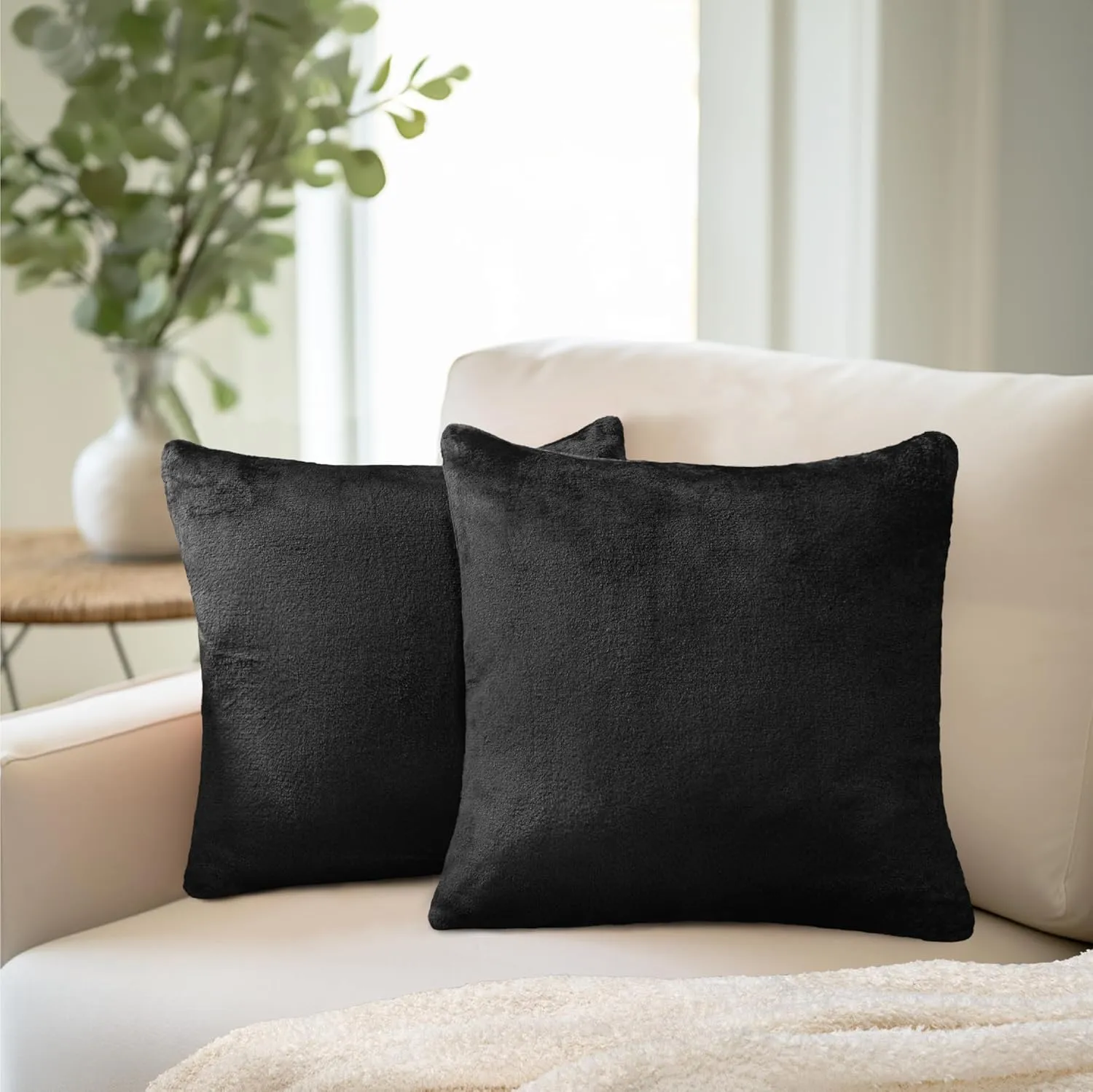 PAVILIA Black Throw Pillow Covers 20x20 Set of 2, Decorative Pillow Cases for Bed Sofa Couch, Boho Aesthetic Accent Decor Cushion for Bedroom Living Room, Velvet Square Euro Sham Covers, Solid Black
