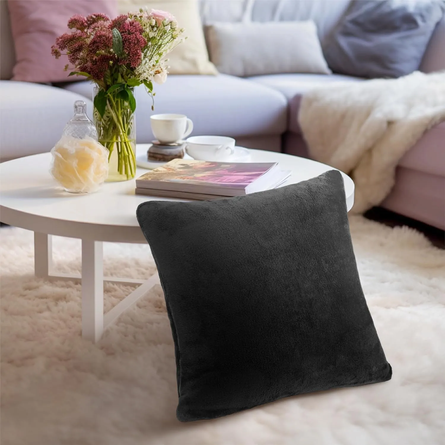 PAVILIA Black Throw Pillow Covers 20x20 Set of 2, Decorative Pillow Cases for Bed Sofa Couch, Boho Aesthetic Accent Decor Cushion for Bedroom Living Room, Velvet Square Euro Sham Covers, Solid Black