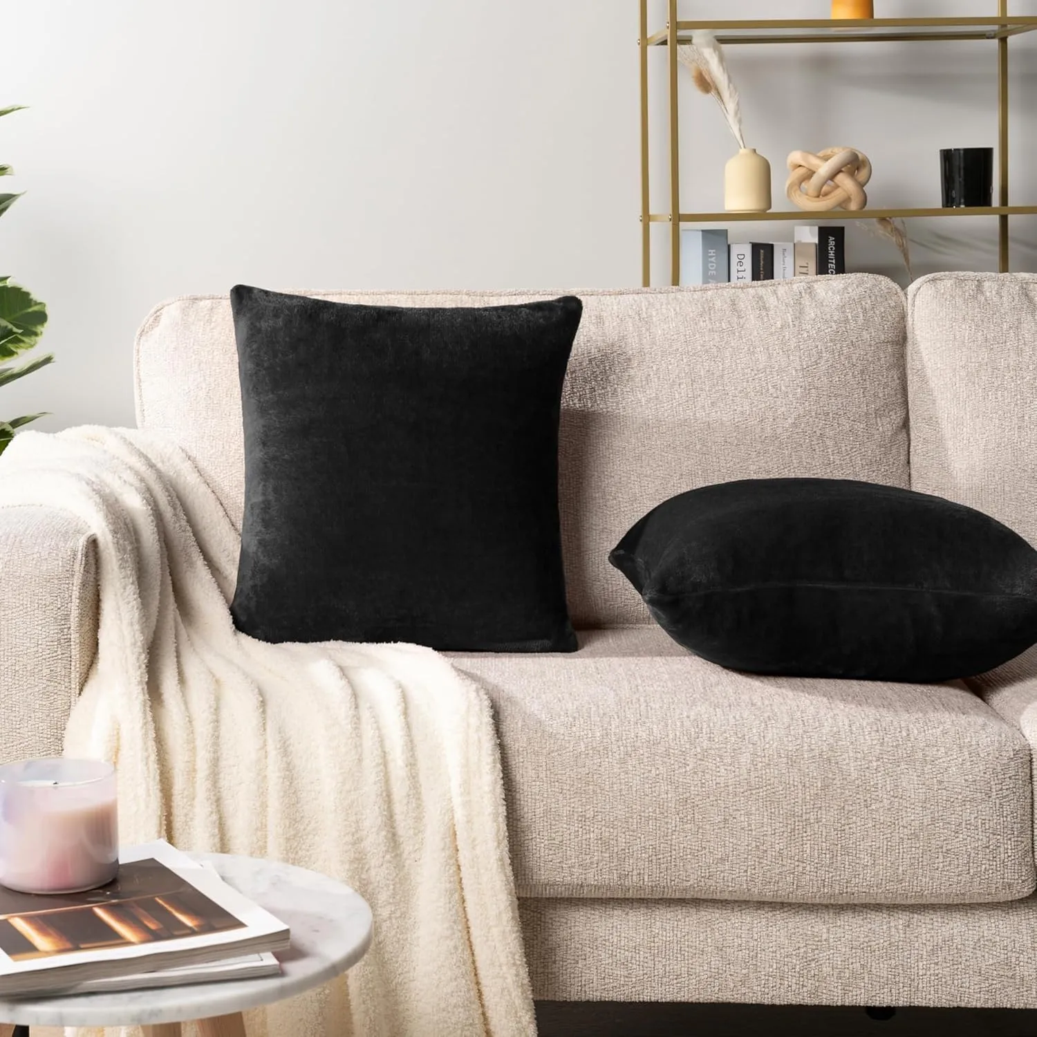 PAVILIA Black Throw Pillow Covers 20x20 Set of 2, Decorative Pillow Cases for Bed Sofa Couch, Boho Aesthetic Accent Decor Cushion for Bedroom Living Room, Velvet Square Euro Sham Covers, Solid Black