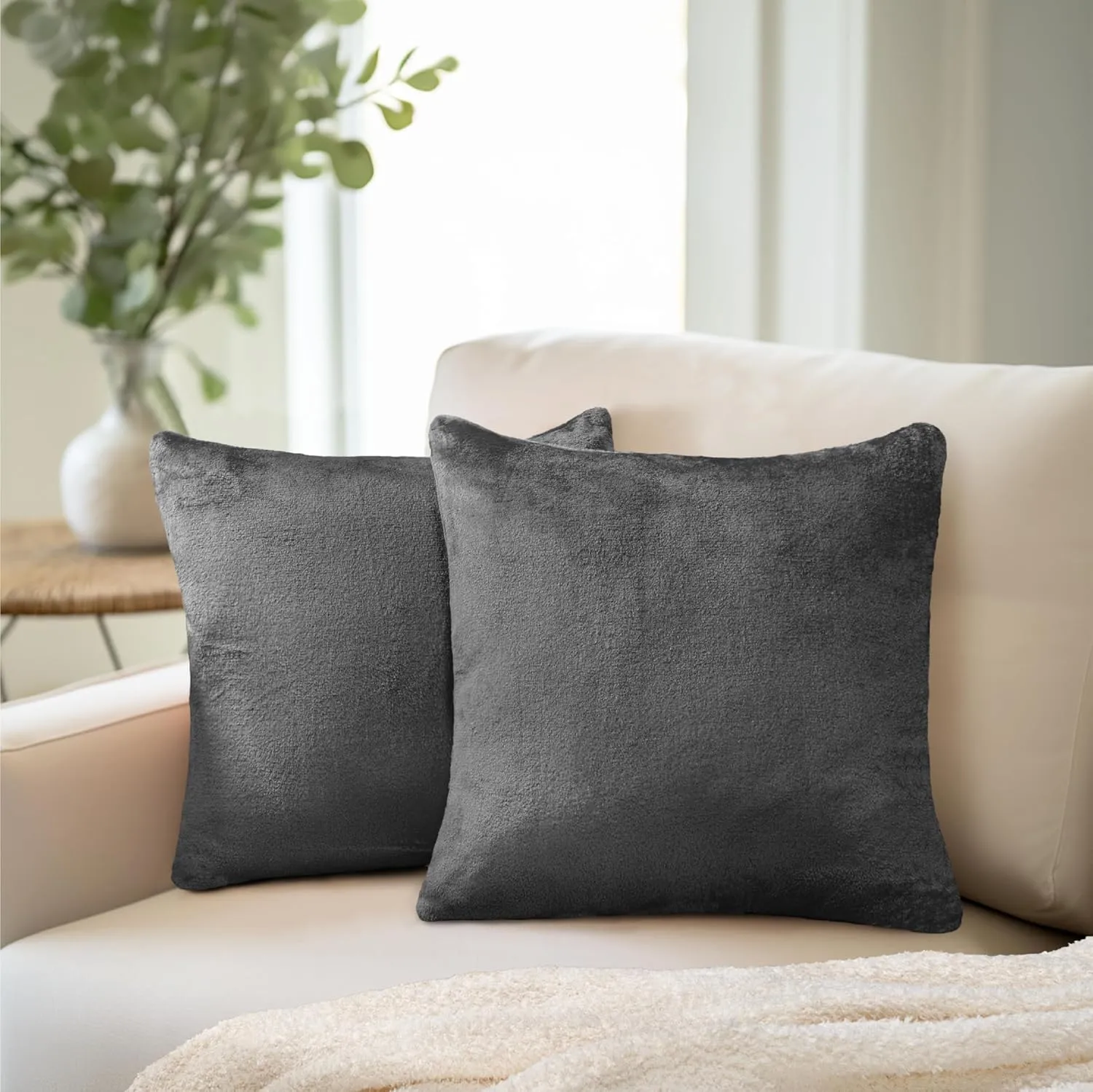 PAVILIA Dark Gray Throw Pillow Covers 20x20 Set of 2, Decorative Pillow Cases for Bed Sofa Couch, Boho Aesthetic Accent Decor Cushion for Bedroom Living Room, Velvet Square Euro Sham Covers, Dark Grey
