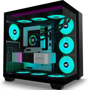 PC CASE ATX 9 PWM ARGB Fans Pre-Installed, Mid-Tower Gaming PC Case, Panoramic Tempered Glass Computer Case with Type-C,360mm Radiator Support，Black