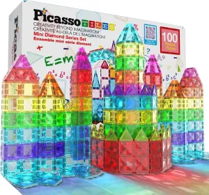 PicassoTiles 100 Pieces Magnetic Tiles Building Blocks Mini Size Diamond Series Magnet Toys Travel Size On-The-Go Construction Sensory Toys Gifts Educational Set STEM Learning Kit Playset PTM100