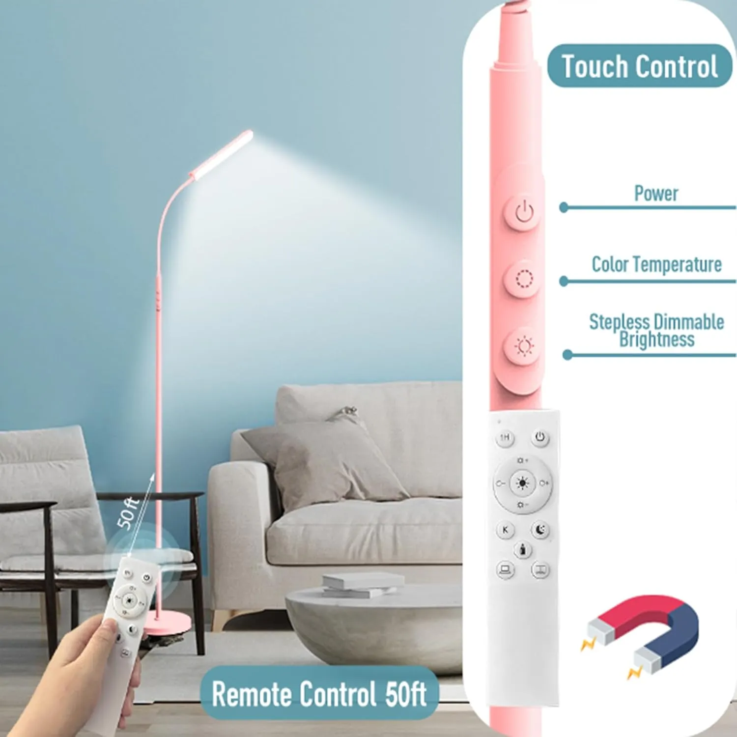 Pink LED Floor Lamp, 18W 1800LM Bright Floor Lamp with Remote & Works with Smart Plug, Dimmable Timing Eye Caring Reading Light Modern Standing Floor Lamp for Living Room Bedroom Office