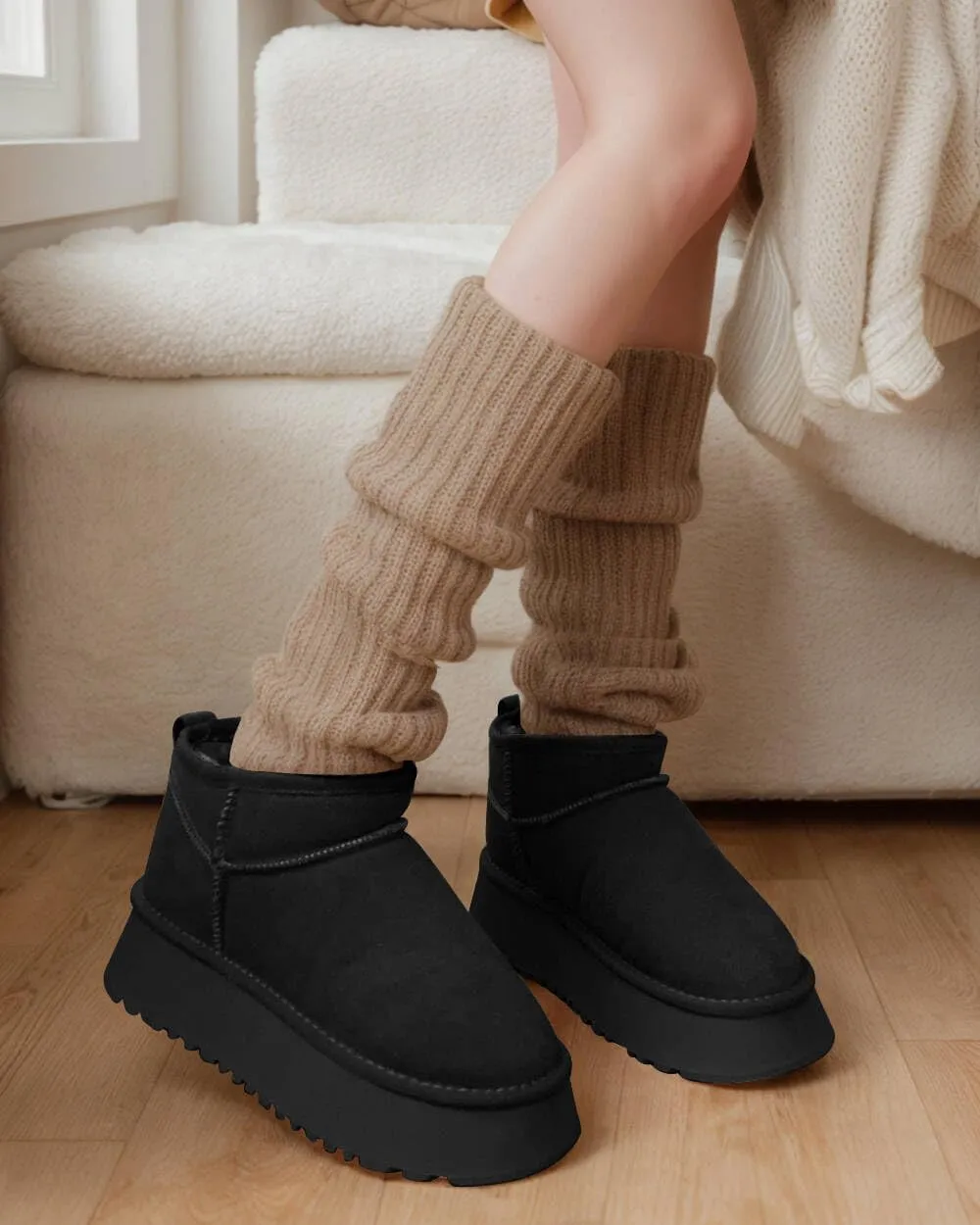 Platform Mini Boots for Women Suede Upper Winter Boots Warm Fur Fleece Lined Anti-Slip Sole Short Ankle Snow Boots for Indoor & Outdoor