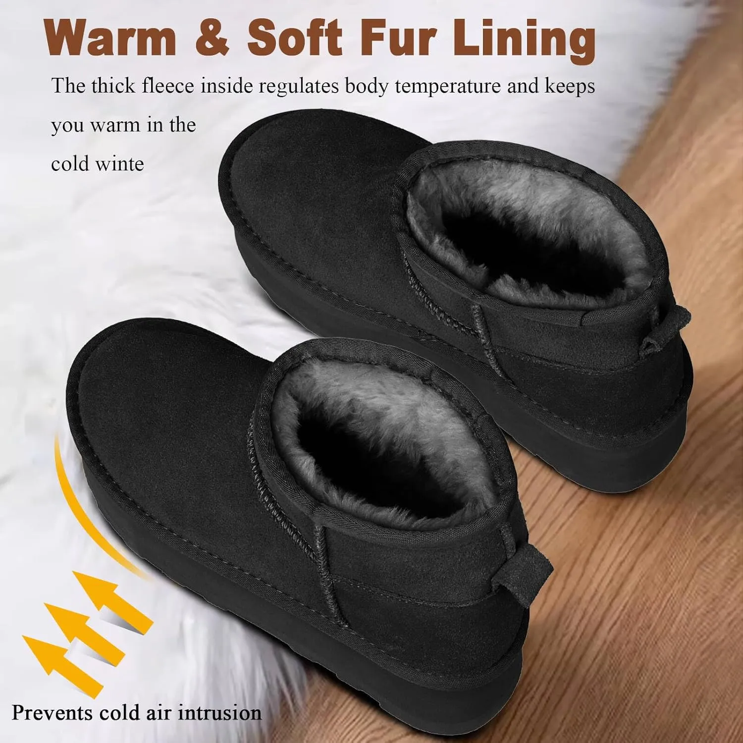 Platform Mini Boots for Women Suede Upper Winter Boots Warm Fur Fleece Lined Anti-Slip Sole Short Ankle Snow Boots for Indoor & Outdoor