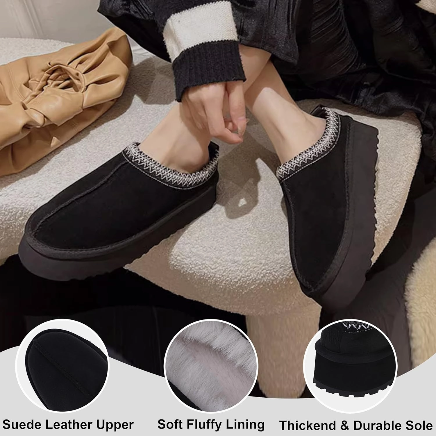Platform Slippers, Mini Boots for Women Indoor Outdoor Anti-slip Slippers Womens Warm Fleece Lining Suede Leather Ankle Boots Slip On Hoese Shoes
