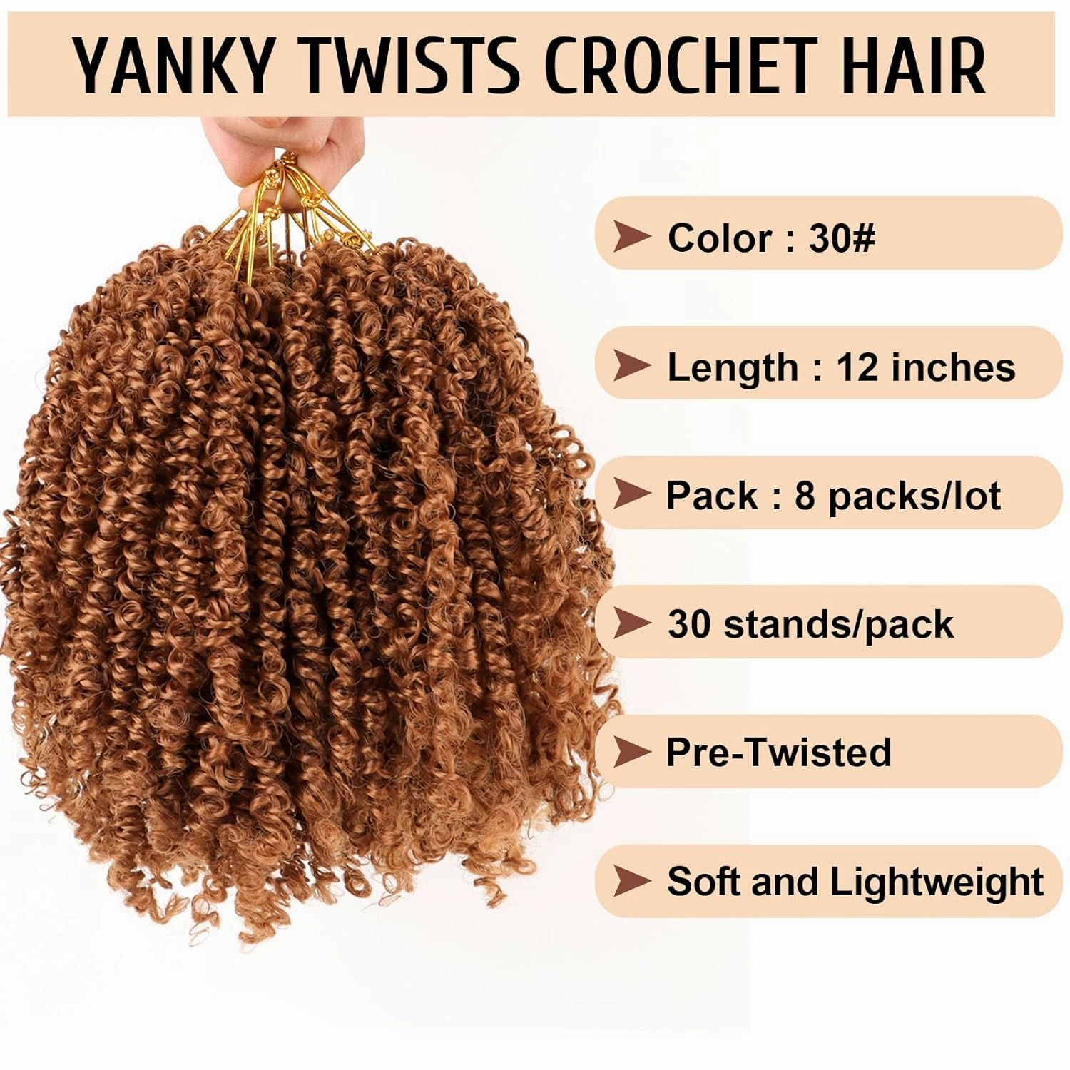 Pre Looped Yanky Twist Crochet Hair 12 Inch 8 Packs 30# Brown Fluffy Spring Mini Twist Passion Twist Bohemian Synthetic Crochet Braiding Hair