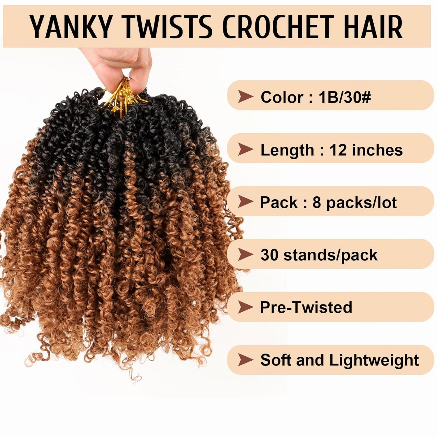 Pre Looped Yanky Twist Crochet Hair 12 Inch 8 Packs Black to Brown Ombre 1B/30# Fluffy Spring Mini Twist Passion Twist Bohemian Synthetic Crochet Braiding Hair