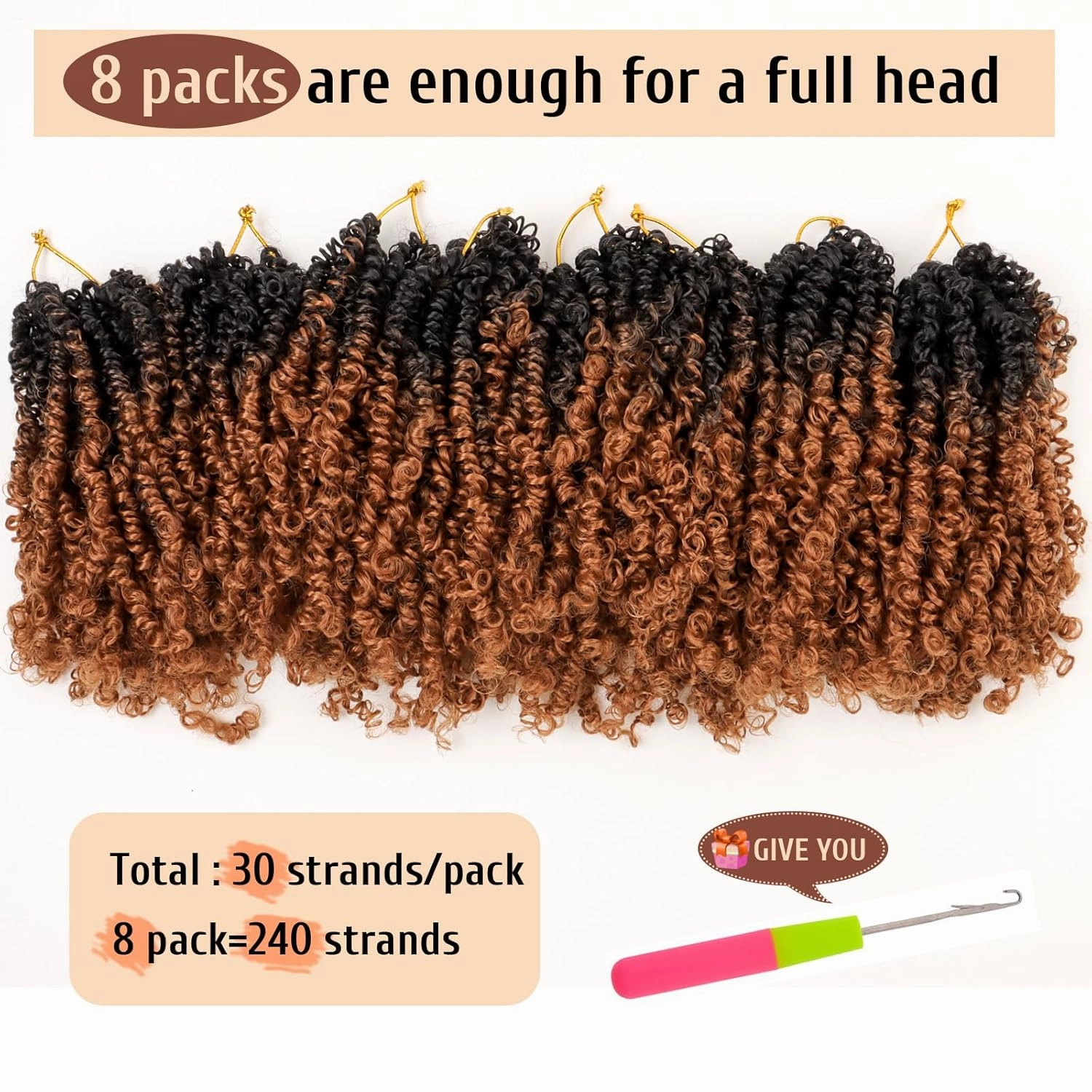 Pre Looped Yanky Twist Crochet Hair 12 Inch 8 Packs Black to Brown Ombre 1B/30# Fluffy Spring Mini Twist Passion Twist Bohemian Synthetic Crochet Braiding Hair