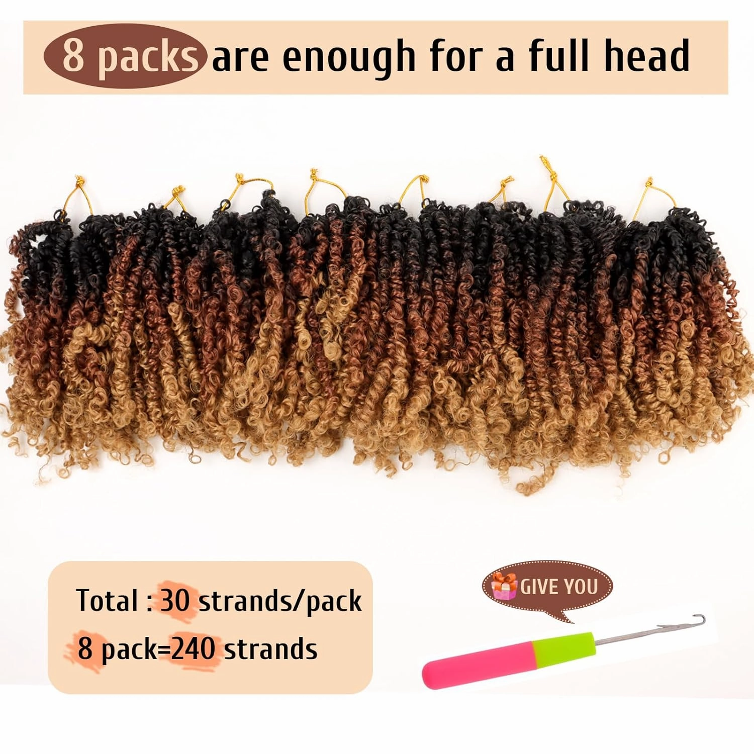Pre Looped Yanky Twist Crochet Hair 14 Inch 8 Packs 1B/30/27# Black/Brown/Blonde Ombre Fluffy Spring Mini Twist Passion Twist Bohemian Synthetic Crochet Braiding Hair
