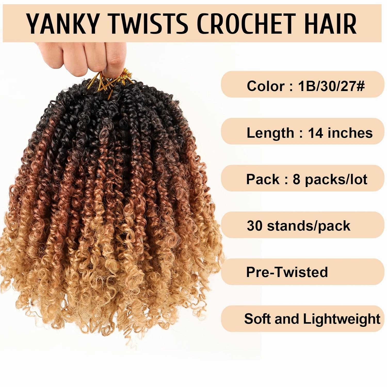Pre Looped Yanky Twist Crochet Hair 14 Inch 8 Packs 1B/30/27# Black/Brown/Blonde Ombre Fluffy Spring Mini Twist Passion Twist Bohemian Synthetic Crochet Braiding Hair