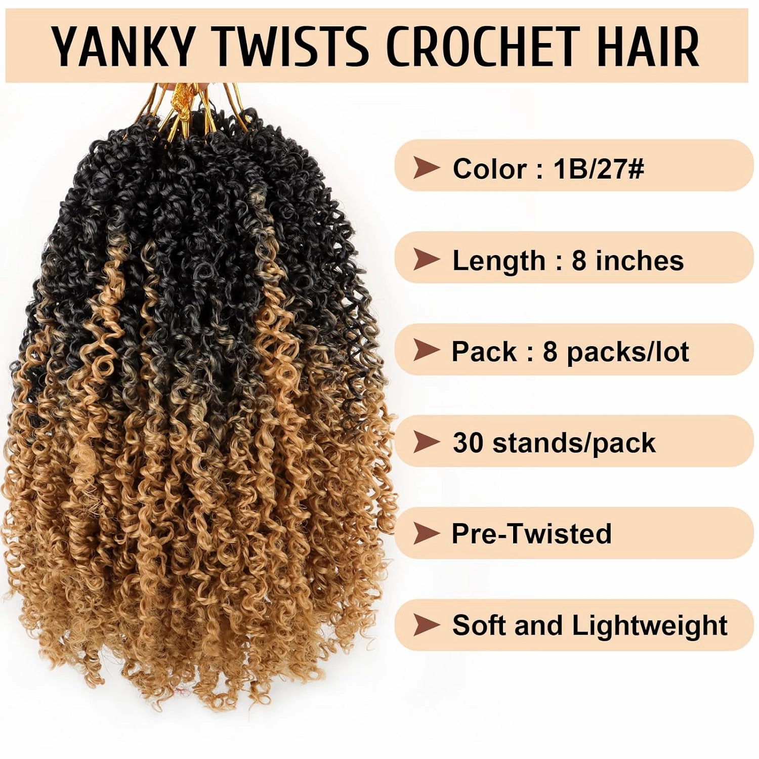 Pre Looped Yanky Twist Crochet Hair 8 Inch 8 Packs Black to Honey Blonde Ombre Fluffy Spring Mini Twist Passion Twist Bohemian Synthetic Crochet Braiding Hair
