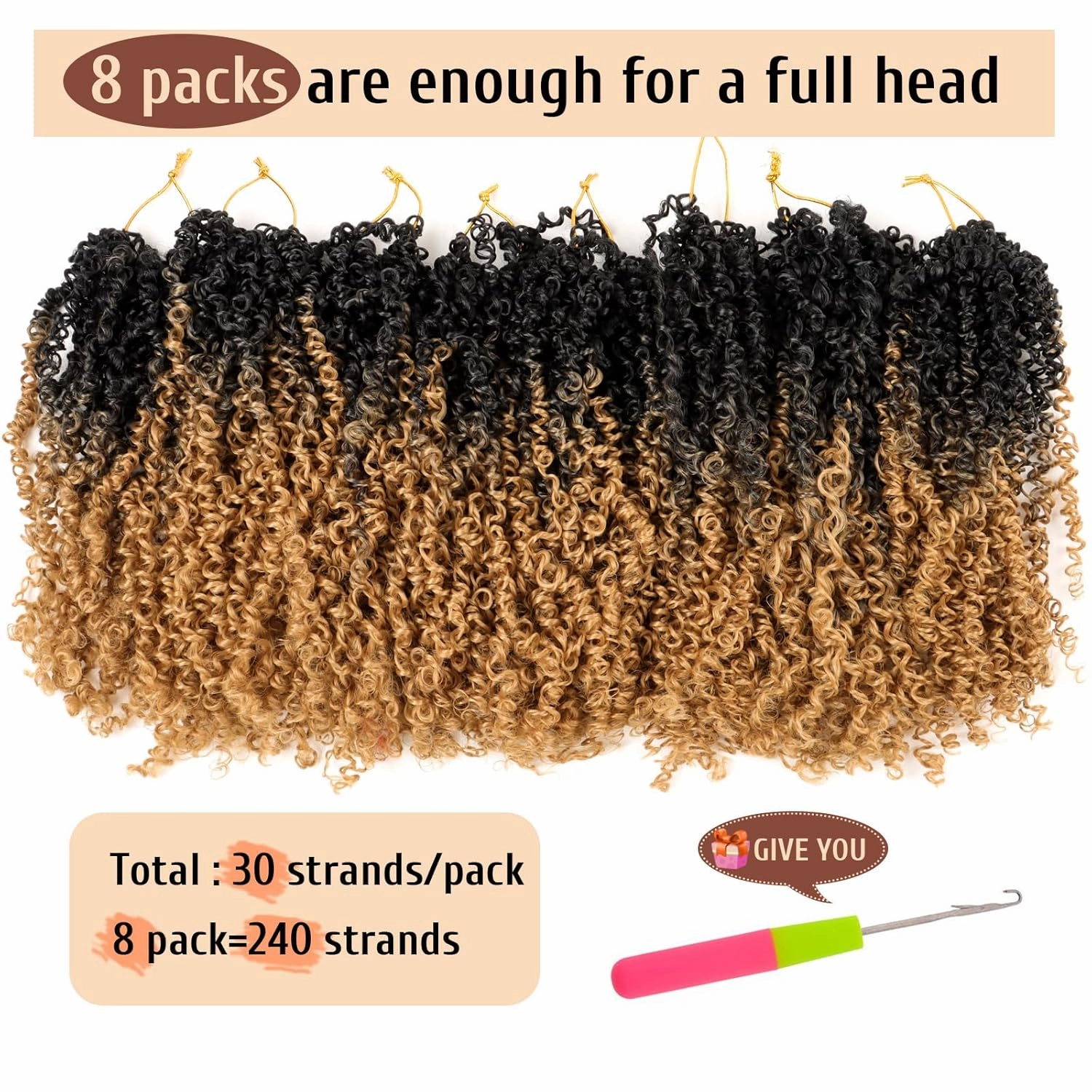 Pre Looped Yanky Twist Crochet Hair 8 Inch 8 Packs Black to Honey Blonde Ombre Fluffy Spring Mini Twist Passion Twist Bohemian Synthetic Crochet Braiding Hair