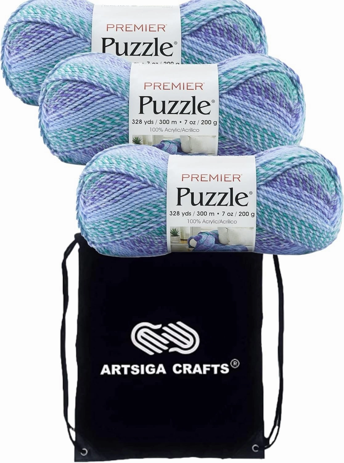 Premier Yarns Puzzle Tangram 1050-11 (3-Skeins - Same Dye Lot) Chunky Bulky #5 100% Acrylic Yarn for Crocheting and Knitting with Project Bag