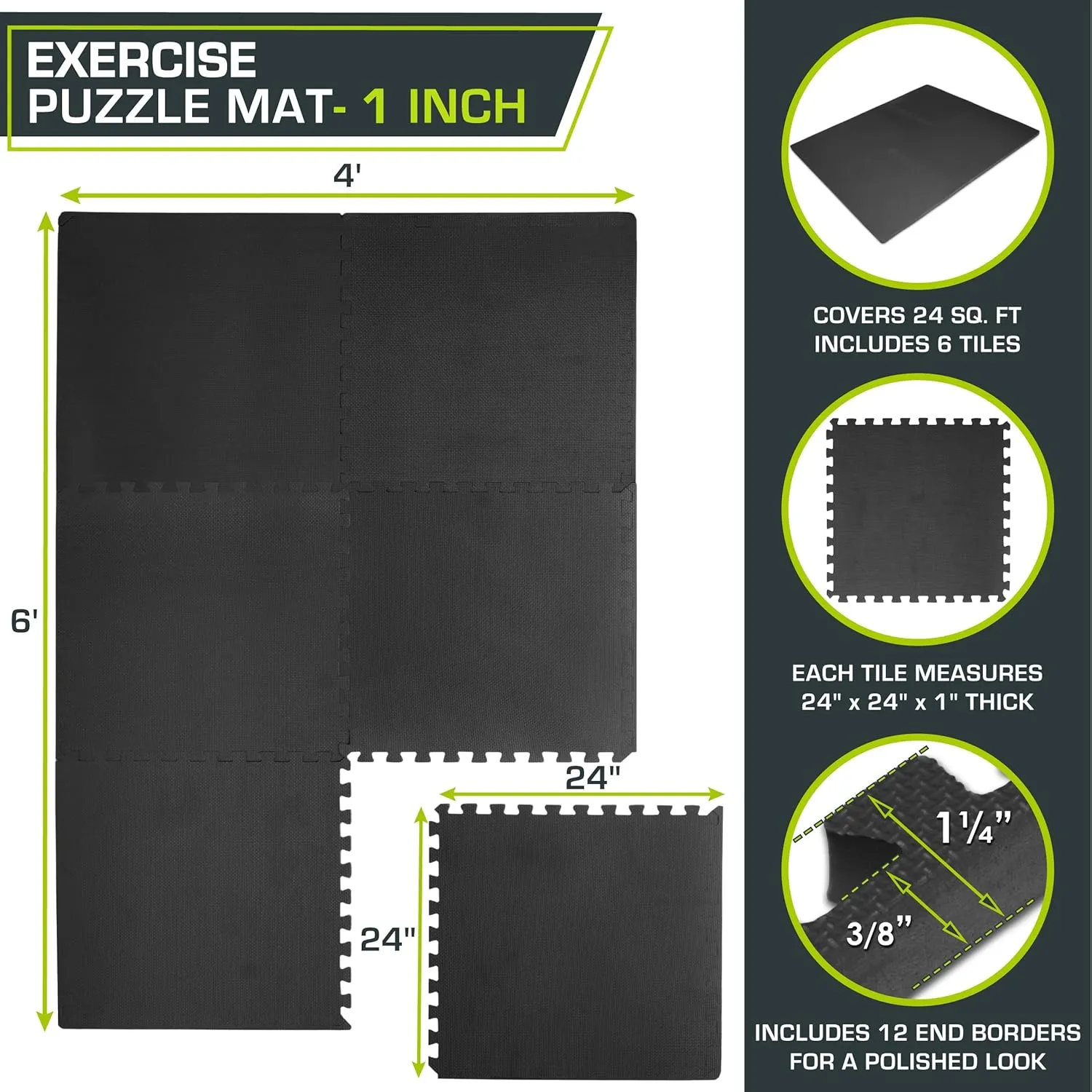 ProsourceFit Extra Thick Puzzle Exercise Mat, EVA Foam Interlocking Tiles for Protective, Cushioned Workout Flooring for Home and Gym Equipment, Black - 3/4 inch - 24 Sq Ft - 6 Tiles