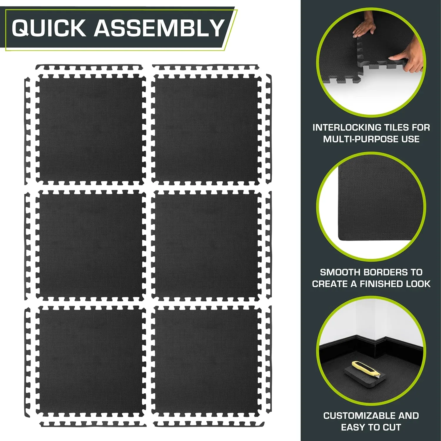 ProsourceFit Extra Thick Puzzle Exercise Mat, EVA Foam Interlocking Tiles for Protective, Cushioned Workout Flooring for Home and Gym Equipment, Black - 3/4 inch - 24 Sq Ft - 6 Tiles