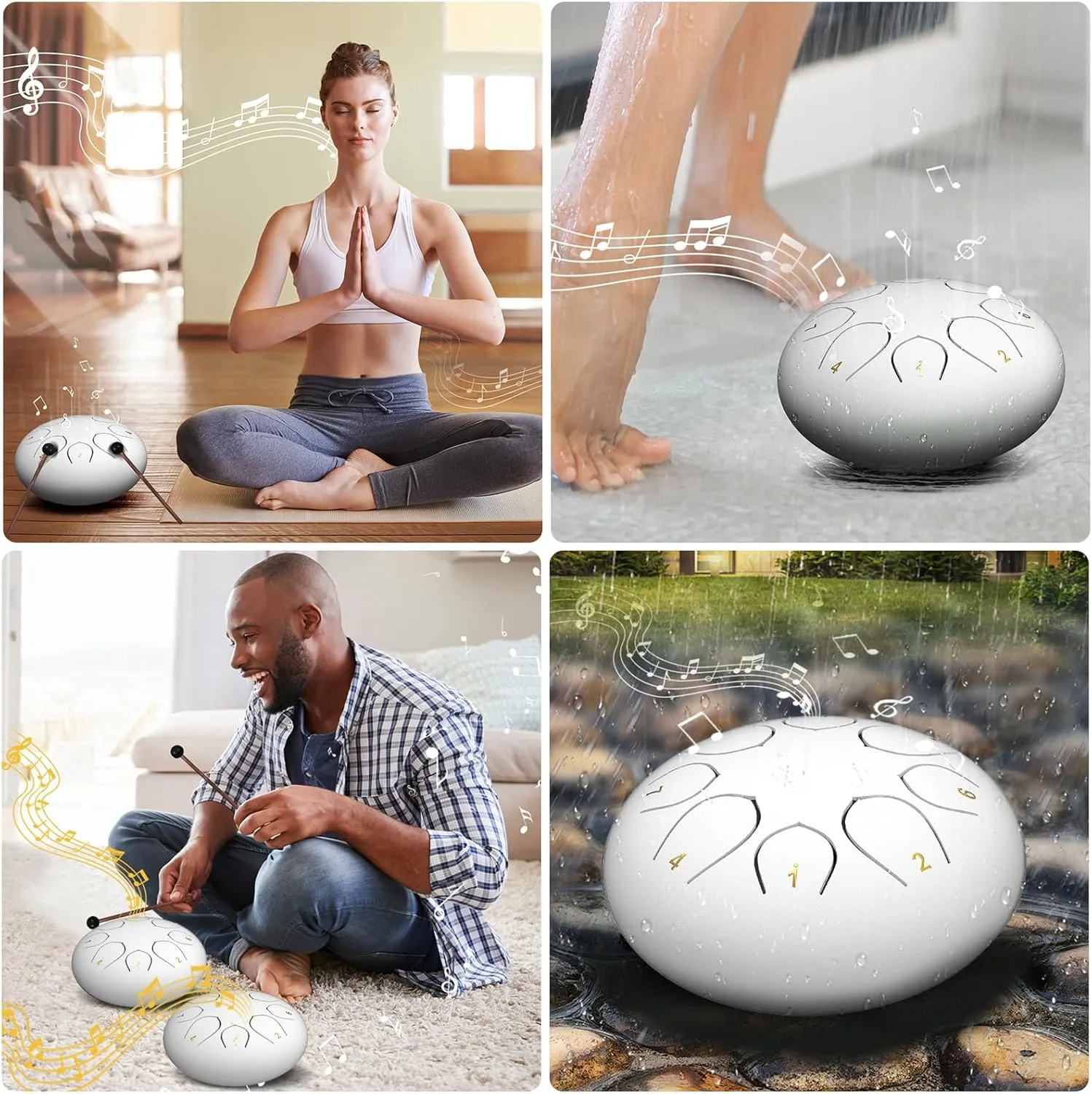 Rain Drum for Outside Garden, 6 Inches 8 Notes Steel Tongue Chakra Drums, Waterproof Meditation Echo Rain Chime, Musical Instruments for Adult Gift with Bag, Music Book, Drum Mallets (White)