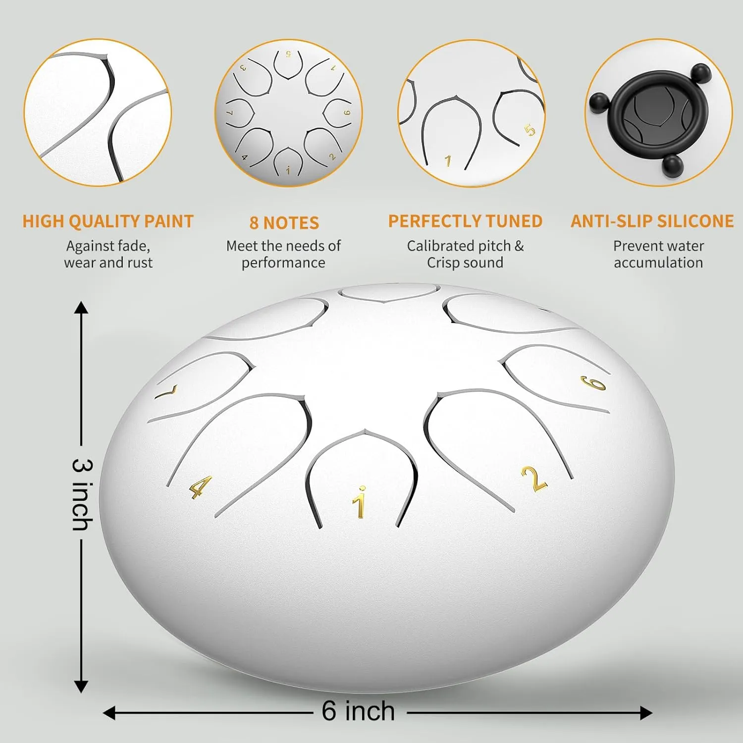 Rain Drum for Outside Garden, 6 Inches 8 Notes Steel Tongue Chakra Drums, Waterproof Meditation Echo Rain Chime, Musical Instruments for Adult Gift with Bag, Music Book, Drum Mallets (White)